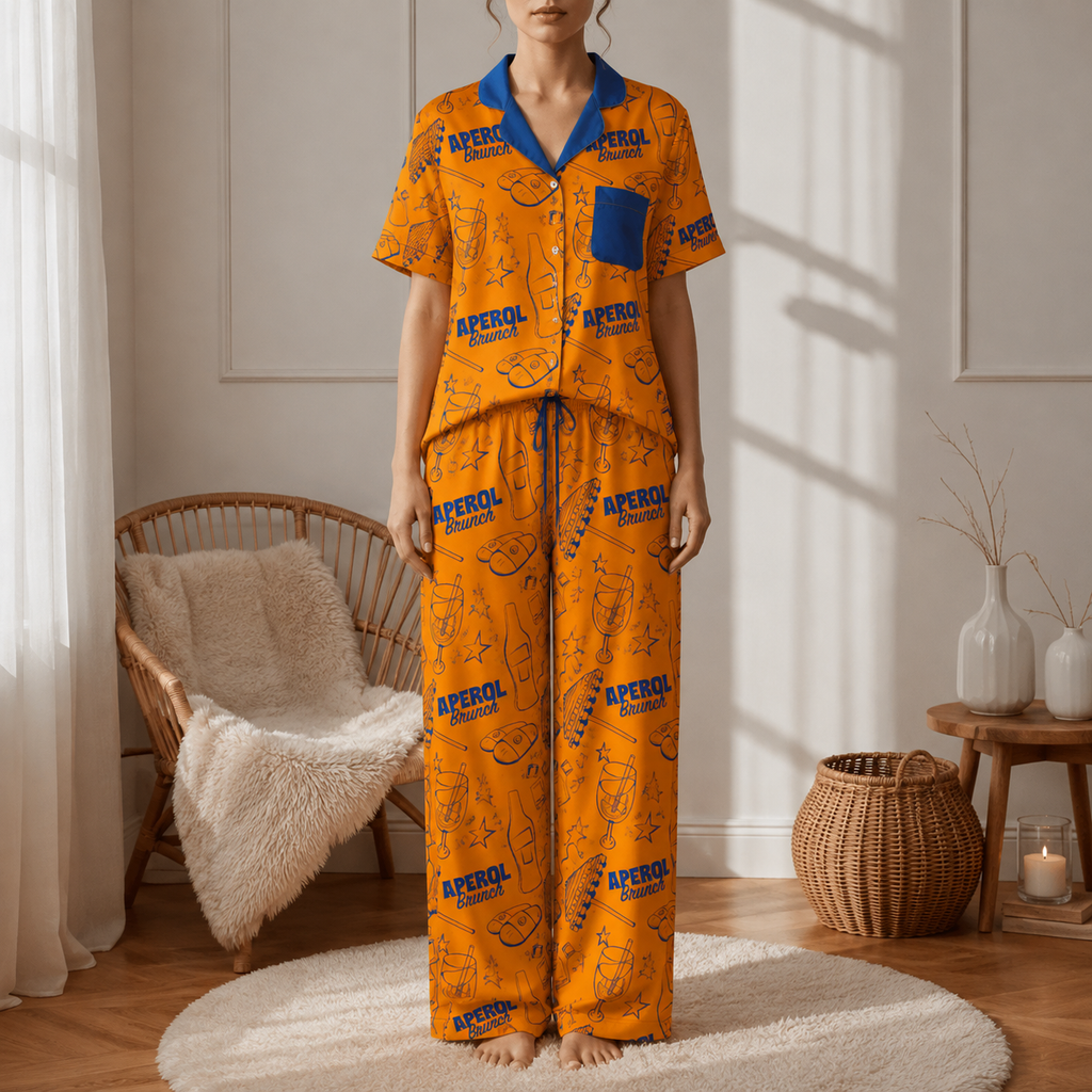 Brunch Spritz Orange Women's Satin Pajama Set | Button-Up Shirt & Pants | Citrus Cocktail Print Loungewear | Brunch Lover Gift