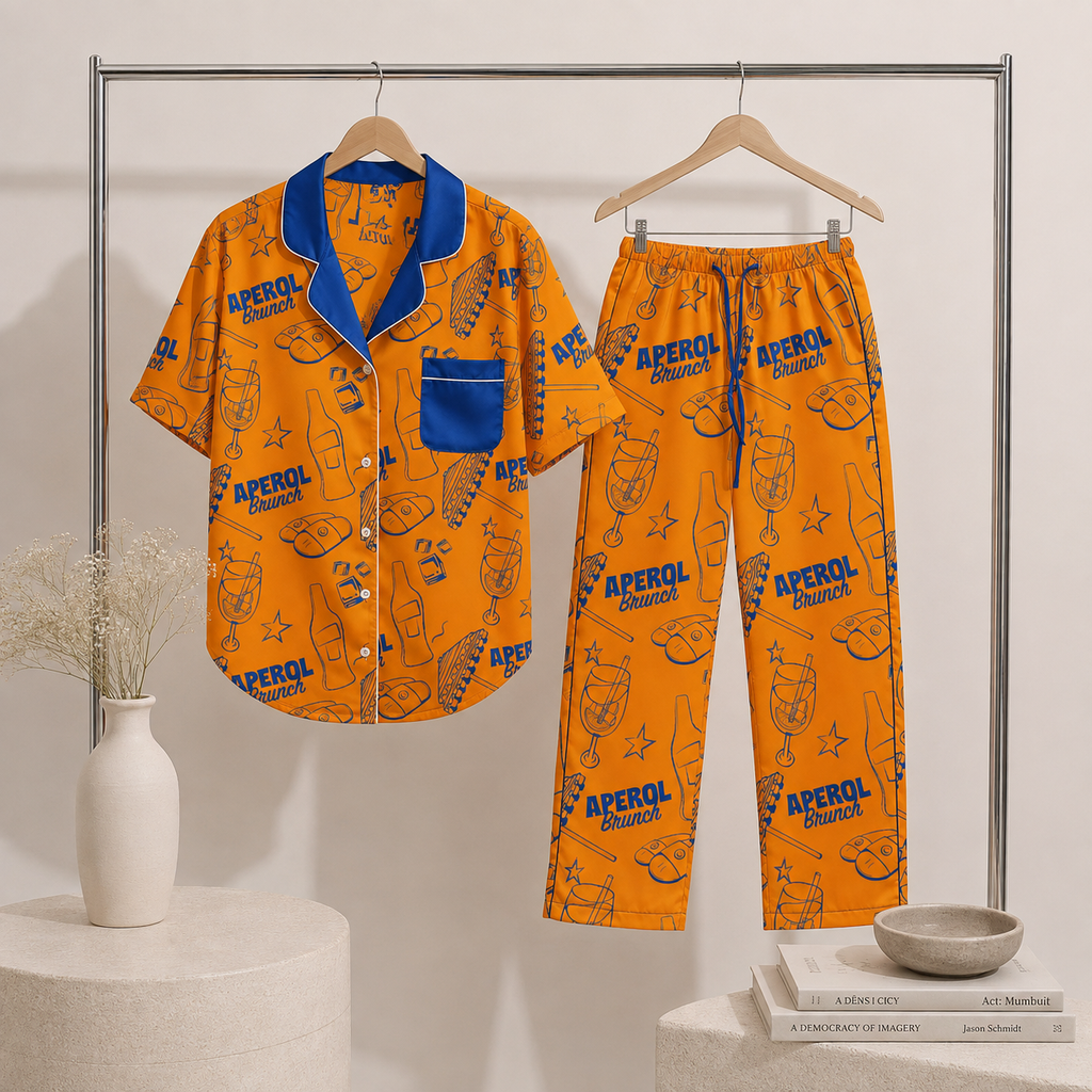 Brunch Spritz Orange Women's Satin Pajama Set | Button-Up Shirt & Pants | Citrus Cocktail Print Loungewear | Brunch Lover Gift