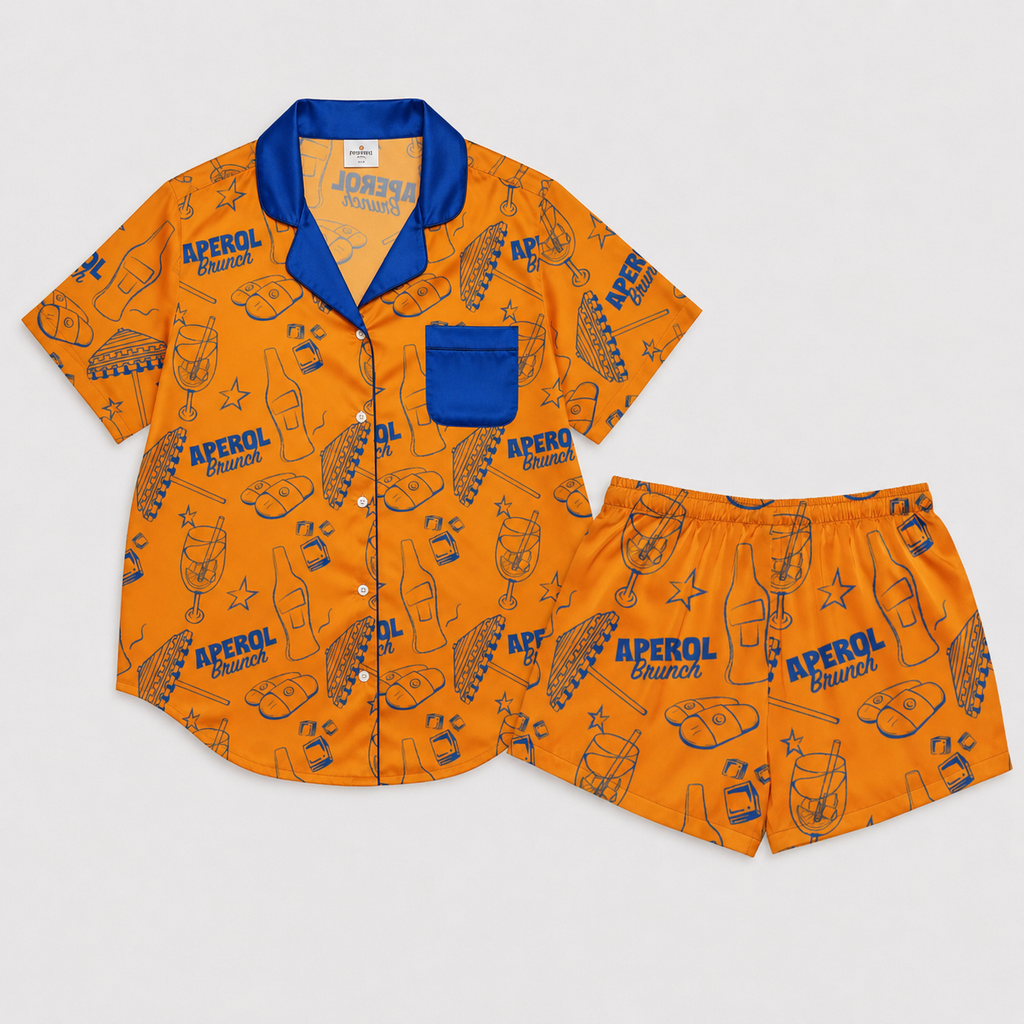 Brunch Spritz Orange Women's Satin Pajama Set | Button-Up Shirt & Shorts | Citrus Cocktail Print Loungewear | Brunch Lover Gift