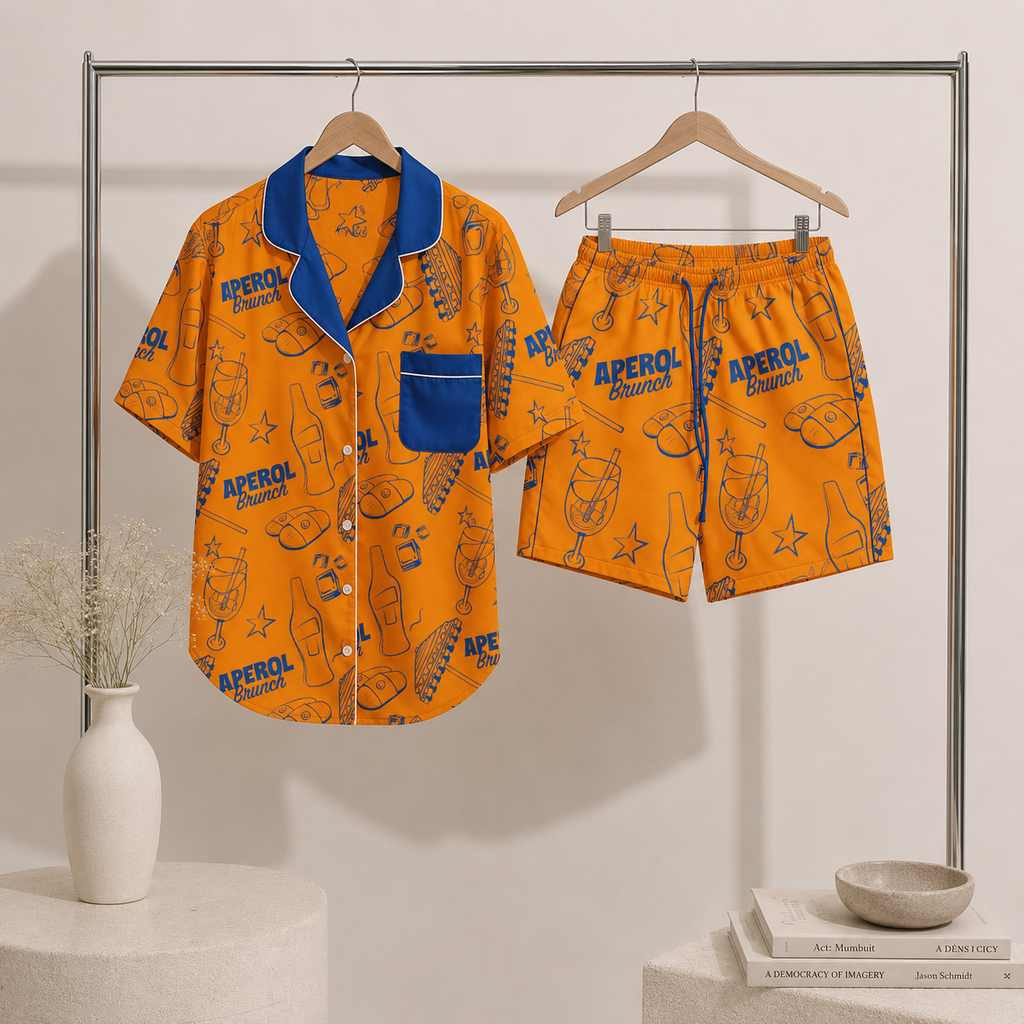 Brunch Spritz Orange Women's Satin Pajama Set | Button-Up Shirt & Shorts | Citrus Cocktail Print Loungewear | Brunch Lover Gift