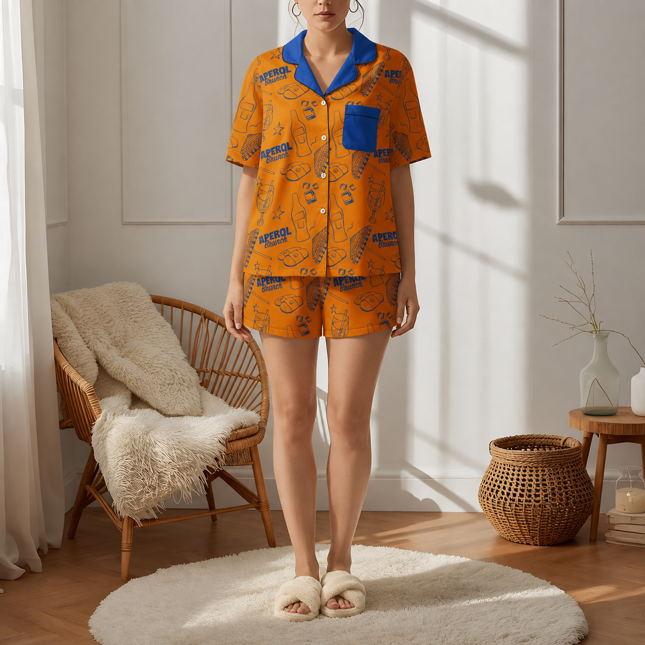 Brunch Spritz Orange Women's Satin Pajama Set | Button-Up Shirt & Shorts | Citrus Cocktail Print Loungewear | Brunch Lover Gift