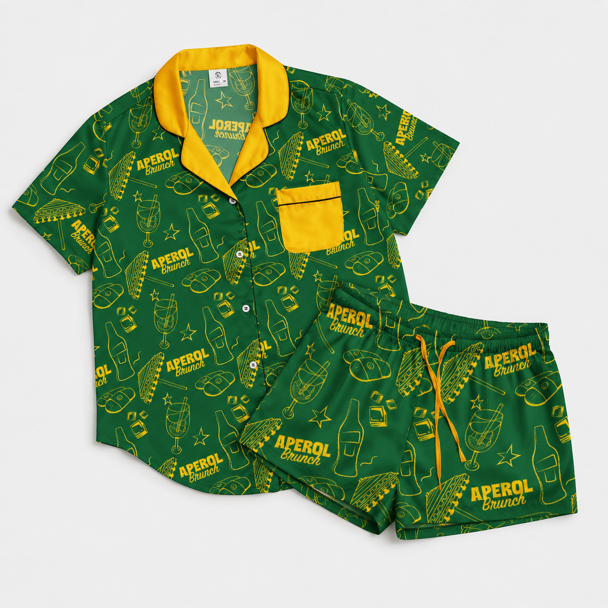 Brunch Spritz Green Women's Satin Pajama Set | Button-Up Shirt & Shorts | Citrus Cocktail Print Loungewear | Brunch Lover Gift