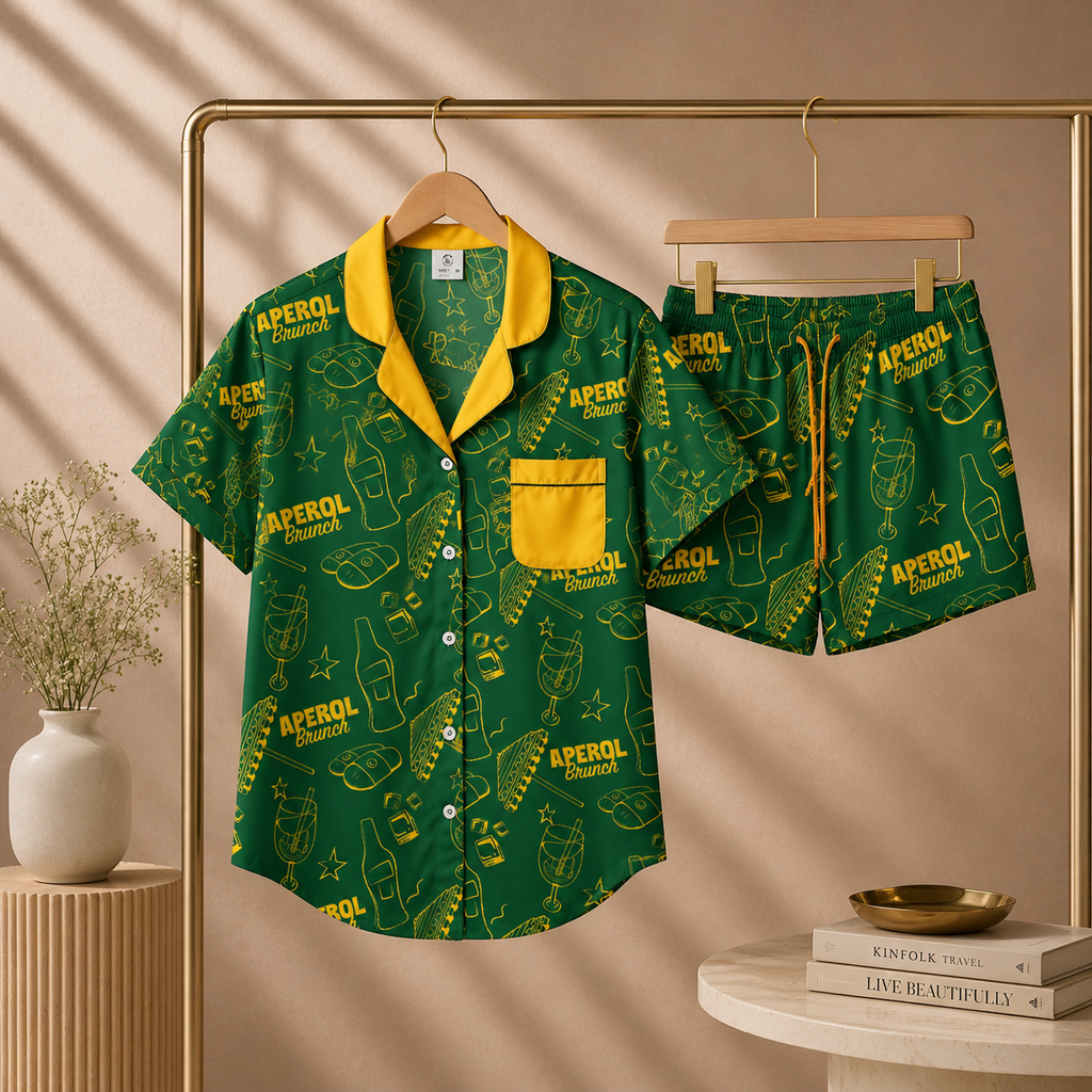 Brunch Spritz Green Women's Satin Pajama Set | Button-Up Shirt & Shorts | Citrus Cocktail Print Loungewear | Brunch Lover Gift