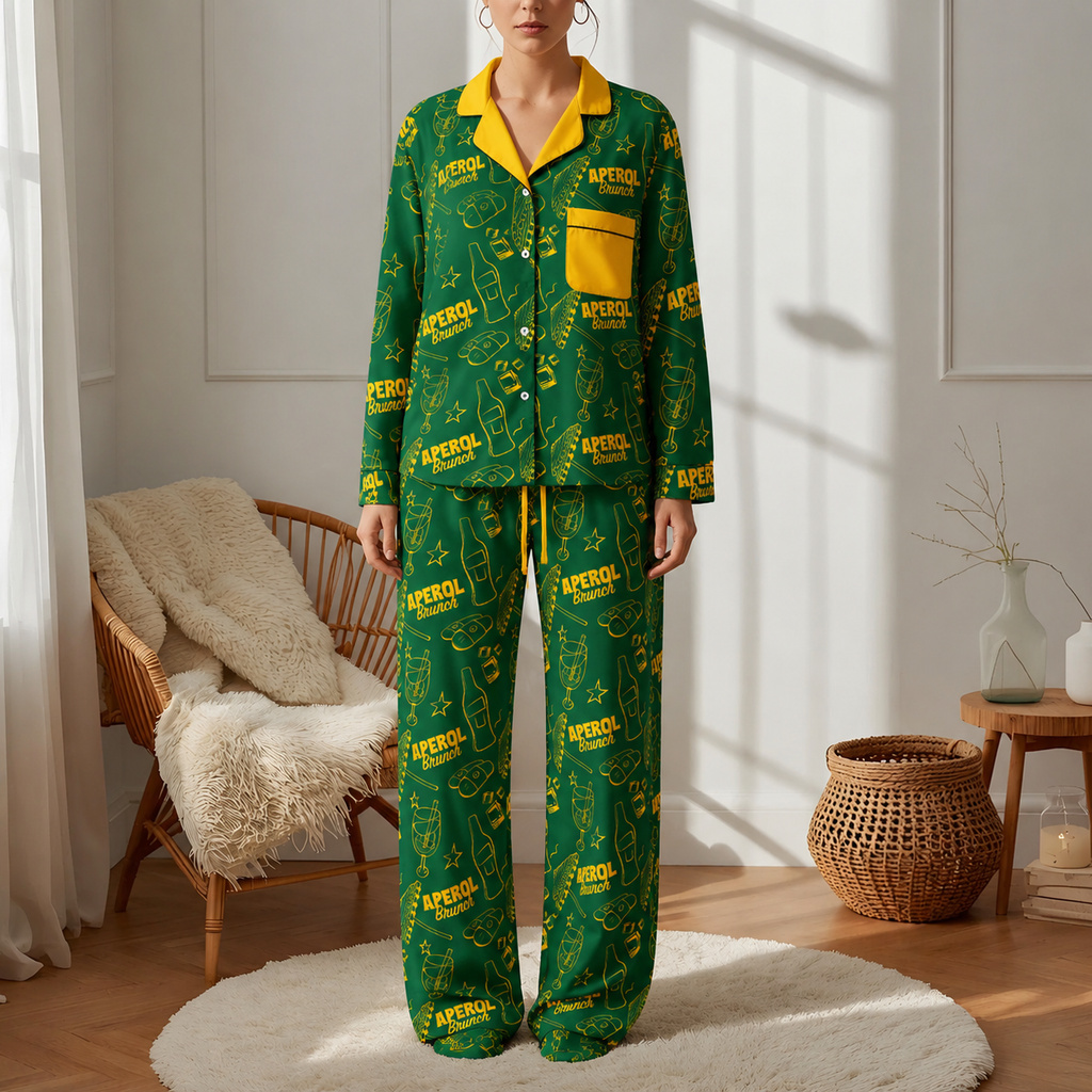 Brunch Spritz Green Women's Satin Pajama Set | Button-Up Shirt & Pants | Citrus Cocktail Print Loungewear | Brunch Lover Gift