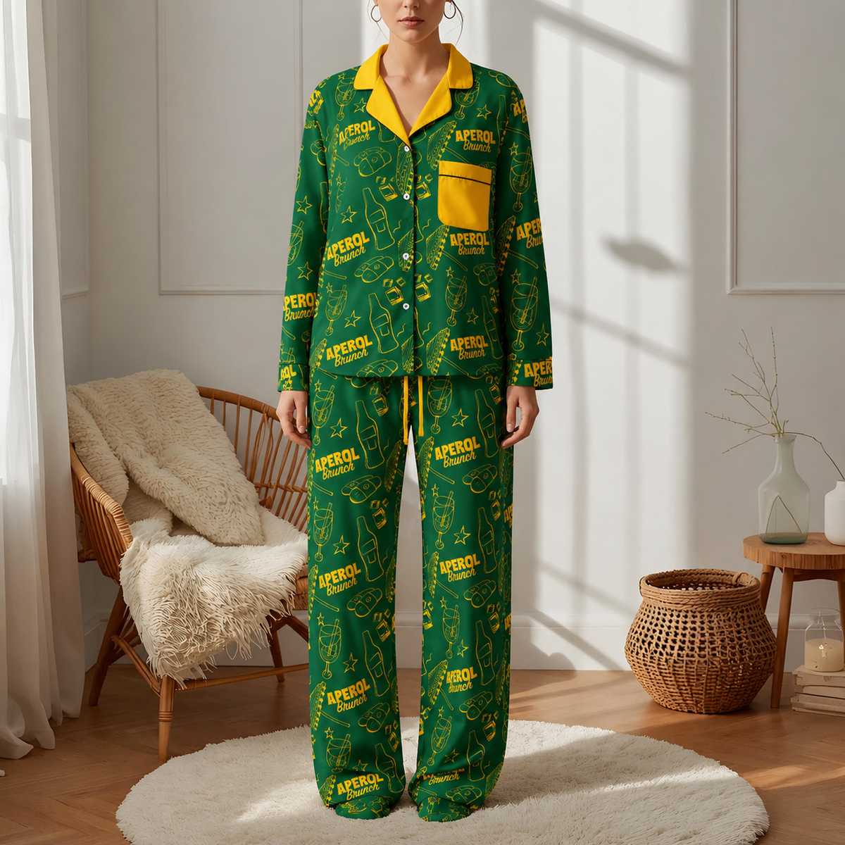 Brunch Spritz Green Women's Satin Pajama Set | Button-Up Shirt & Pants | Citrus Cocktail Print Loungewear | Brunch Lover Gift