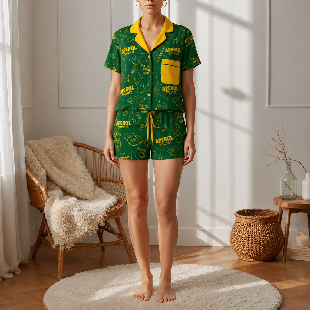 Brunch Spritz Green Women's Satin Pajama Set | Button-Up Shirt & Shorts | Citrus Cocktail Print Loungewear | Brunch Lover Gift