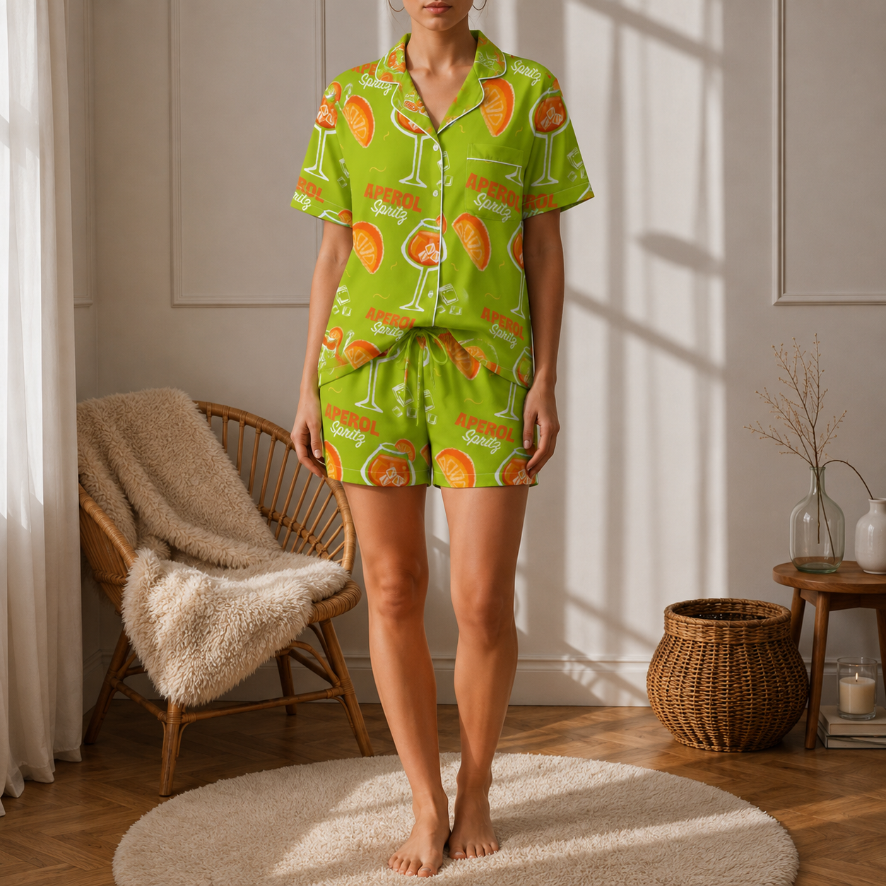 Aperol Spritz Inspired Lime Green Women's Satin Pajama Set | Button-Up Shirt & Shorts | Cocktail Print Loungewear | Brunch Gift