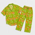 Aperol Spritz Inspired Lime Green Women's Satin Pajama Set | Button-Up Shirt & Pants | Cocktail Print Loungewear | Brunch Gift