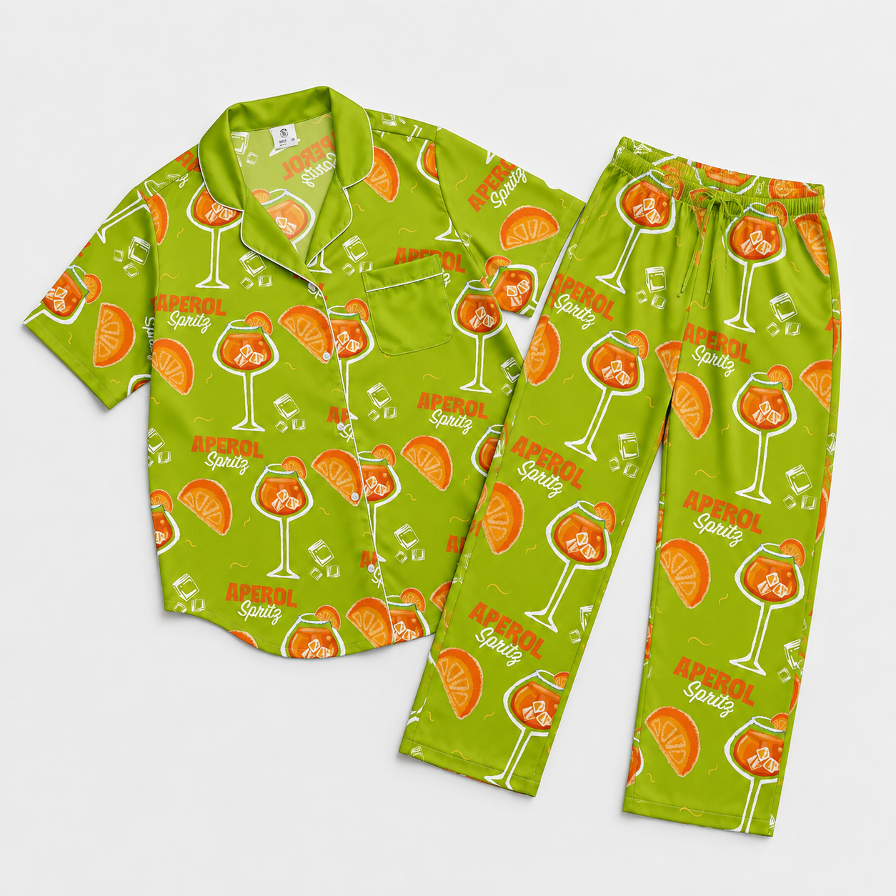 Aperol Spritz Inspired Lime Green Women's Satin Pajama Set | Button-Up Shirt & Pants | Cocktail Print Loungewear | Brunch Gift