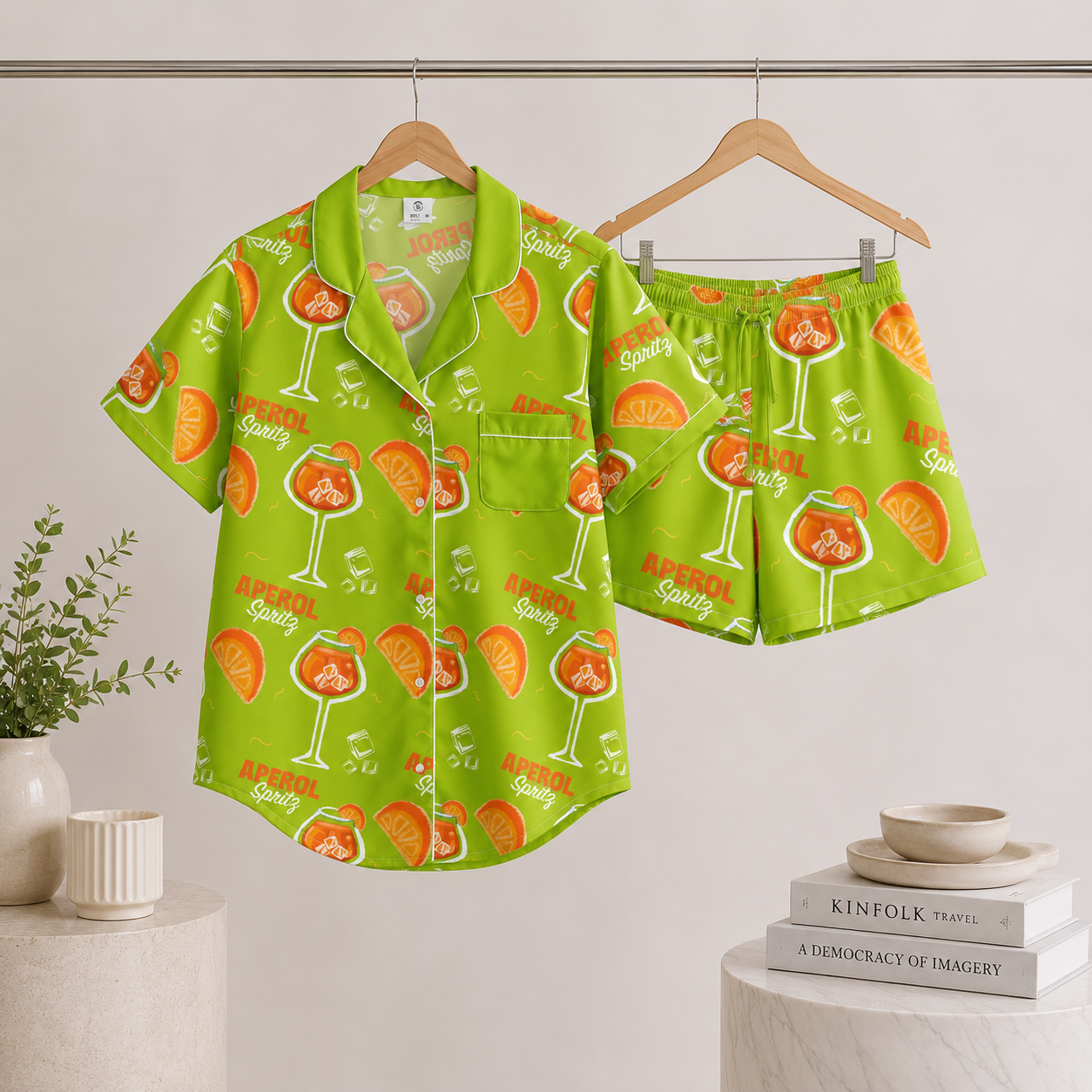 Aperol Spritz Inspired Lime Green Women's Satin Pajama Set | Button-Up Shirt & Shorts | Cocktail Print Loungewear | Brunch Gift