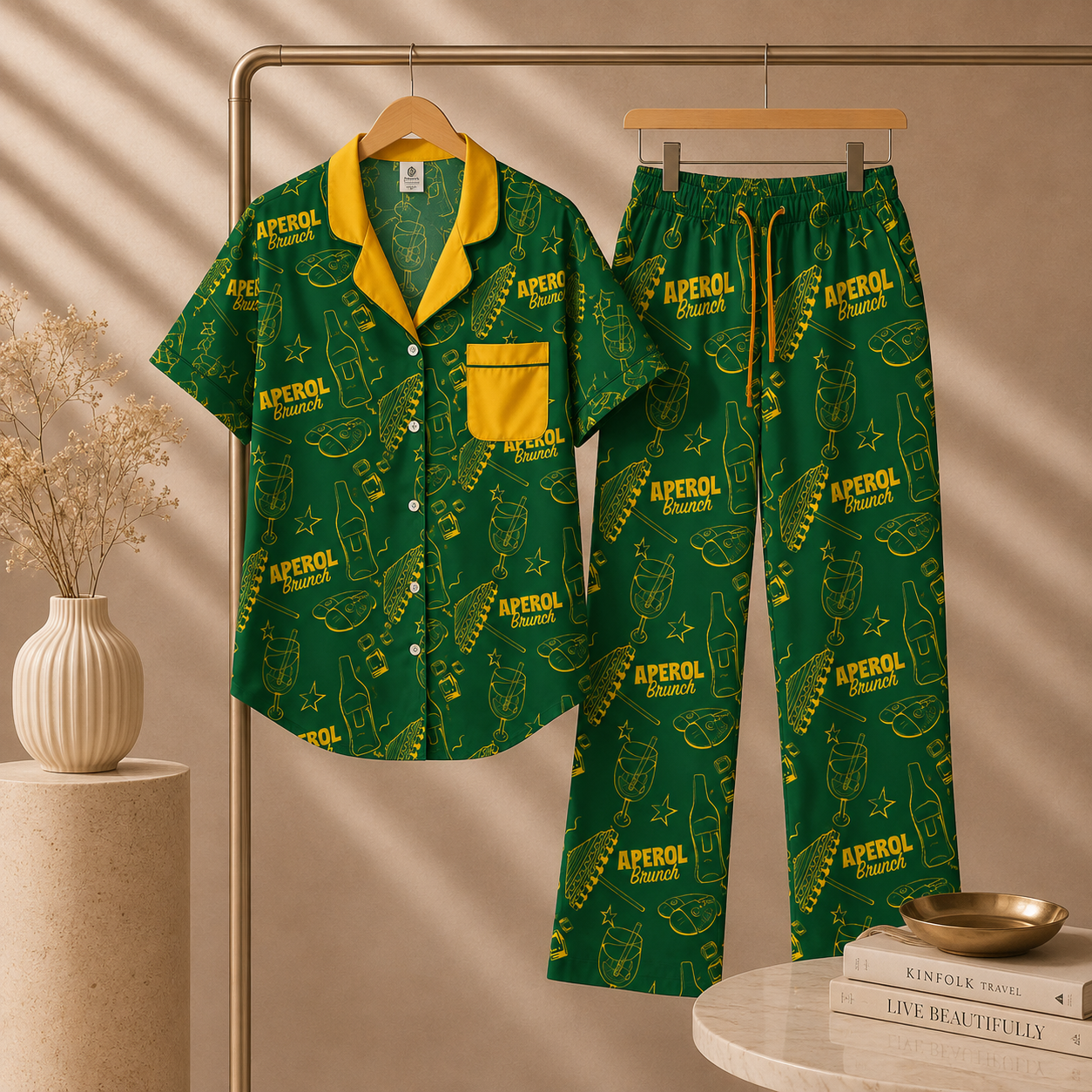 Brunch Spritz Green Women's Satin Pajama Set | Button-Up Shirt & Pants | Citrus Cocktail Print Loungewear | Brunch Lover Gift