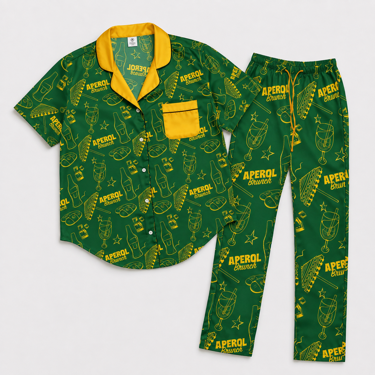 Brunch Spritz Green Women's Satin Pajama Set | Button-Up Shirt & Pants | Citrus Cocktail Print Loungewear | Brunch Lover Gift