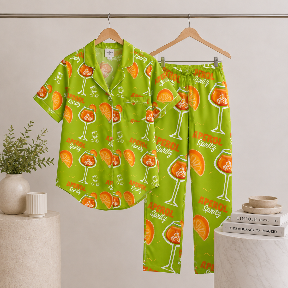 Aperol Spritz Inspired Lime Green Women's Satin Pajama Set | Button-Up Shirt & Pants | Cocktail Print Loungewear | Brunch Gift