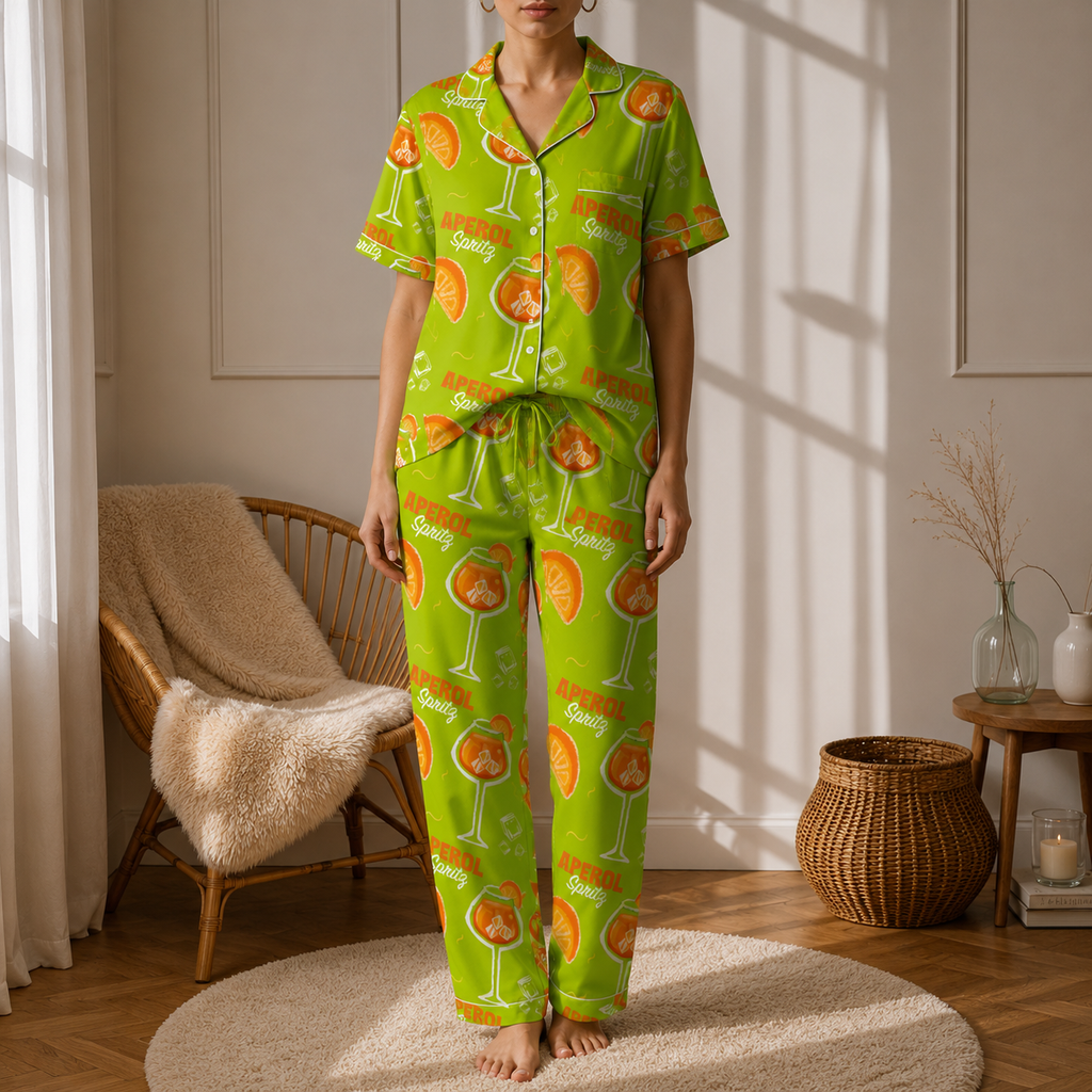 Aperol Spritz Inspired Lime Green Women's Satin Pajama Set | Button-Up Shirt & Pants | Cocktail Print Loungewear | Brunch Gift