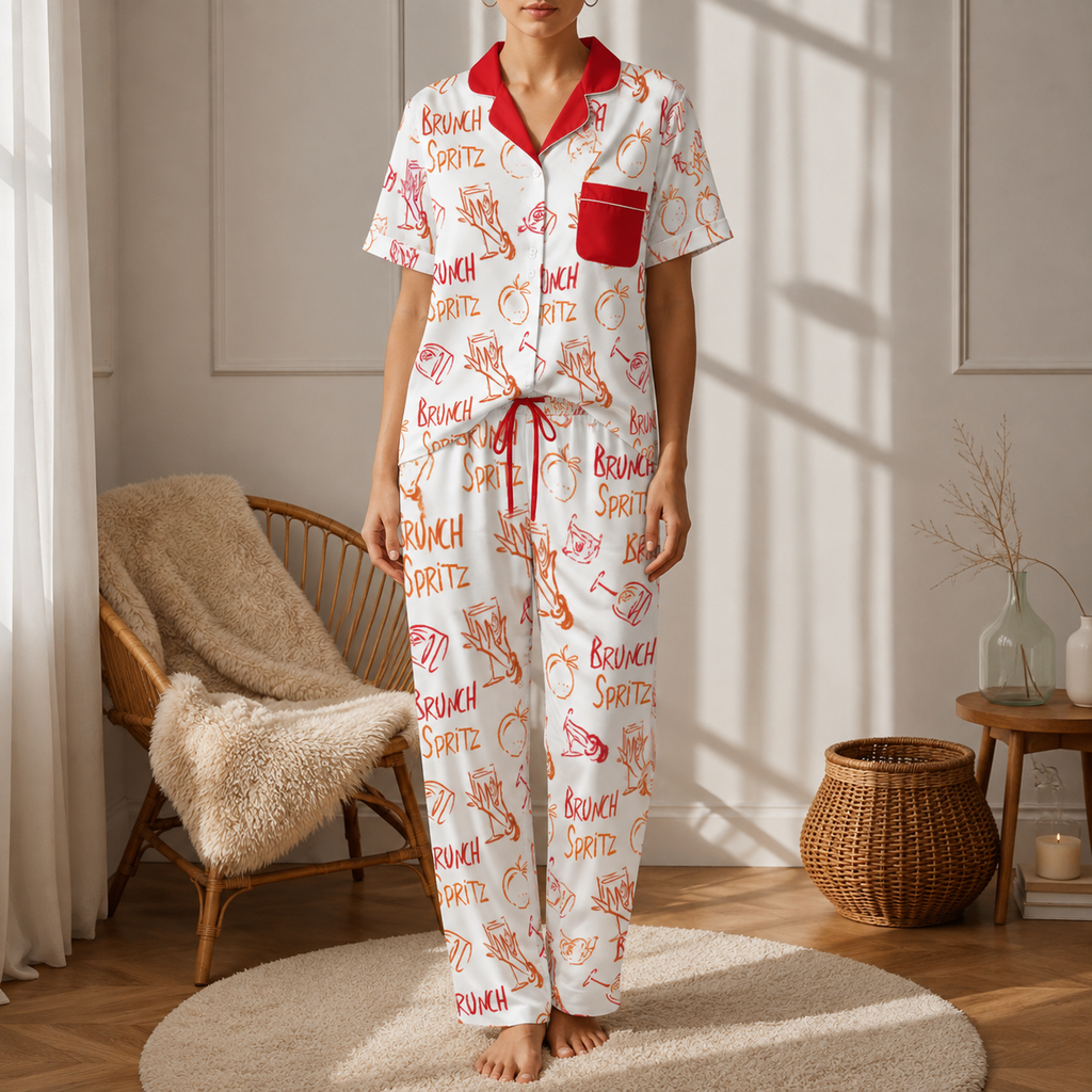 Brunch Spritz White Women's Satin Pajama Set | Button-Up Shirt & Pants | Citrus Cocktail Print Loungewear | Brunch Lover Gift