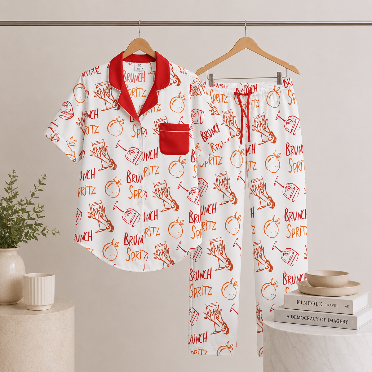 Brunch Spritz White Women's Satin Pajama Set | Button-Up Shirt & Pants | Citrus Cocktail Print Loungewear | Brunch Lover Gift