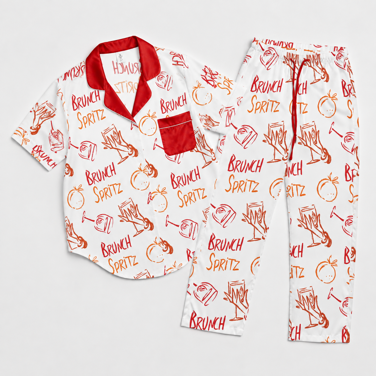 Brunch Spritz White Women's Satin Pajama Set | Button-Up Shirt & Pants | Citrus Cocktail Print Loungewear | Brunch Lover Gift