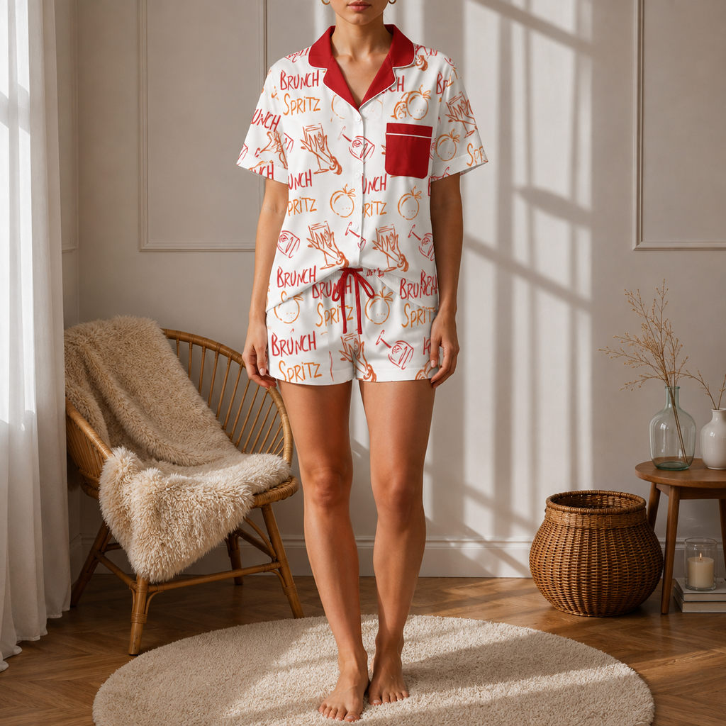 Brunch Spritz White Women's Satin Pajama Set | Button-Up Shirt & Shorts | Citrus Cocktail Print Loungewear | Brunch Lover Gift