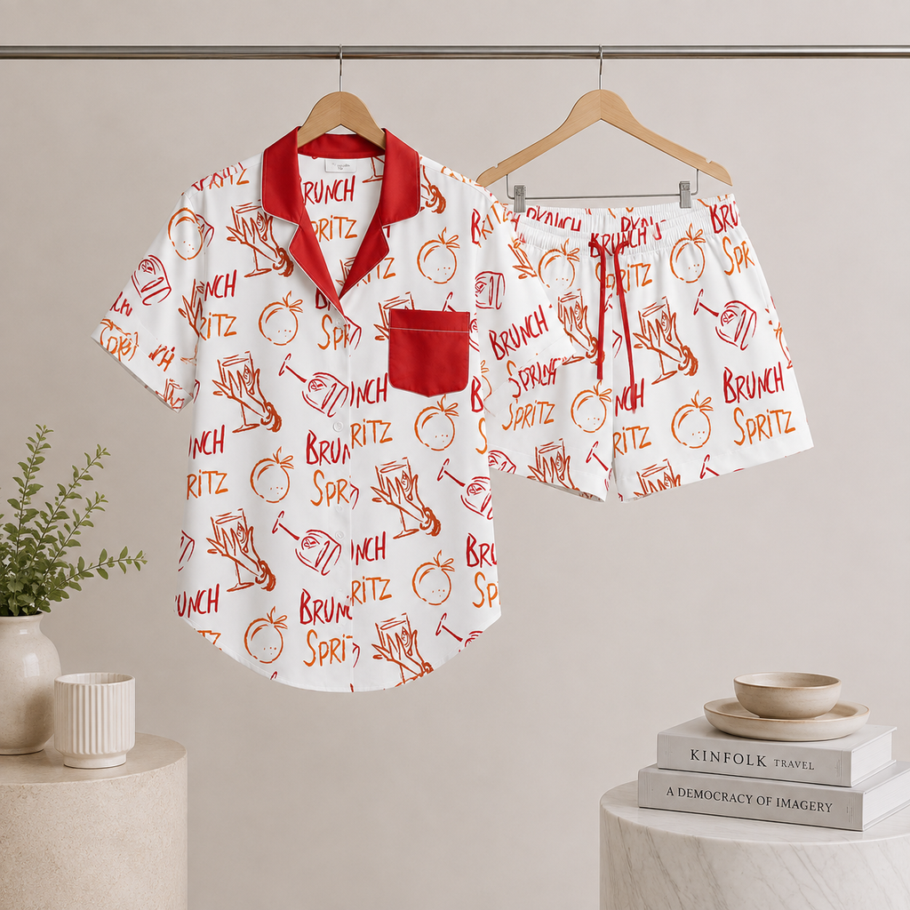Brunch Spritz White Women's Satin Pajama Set | Button-Up Shirt & Shorts | Citrus Cocktail Print Loungewear | Brunch Lover Gift
