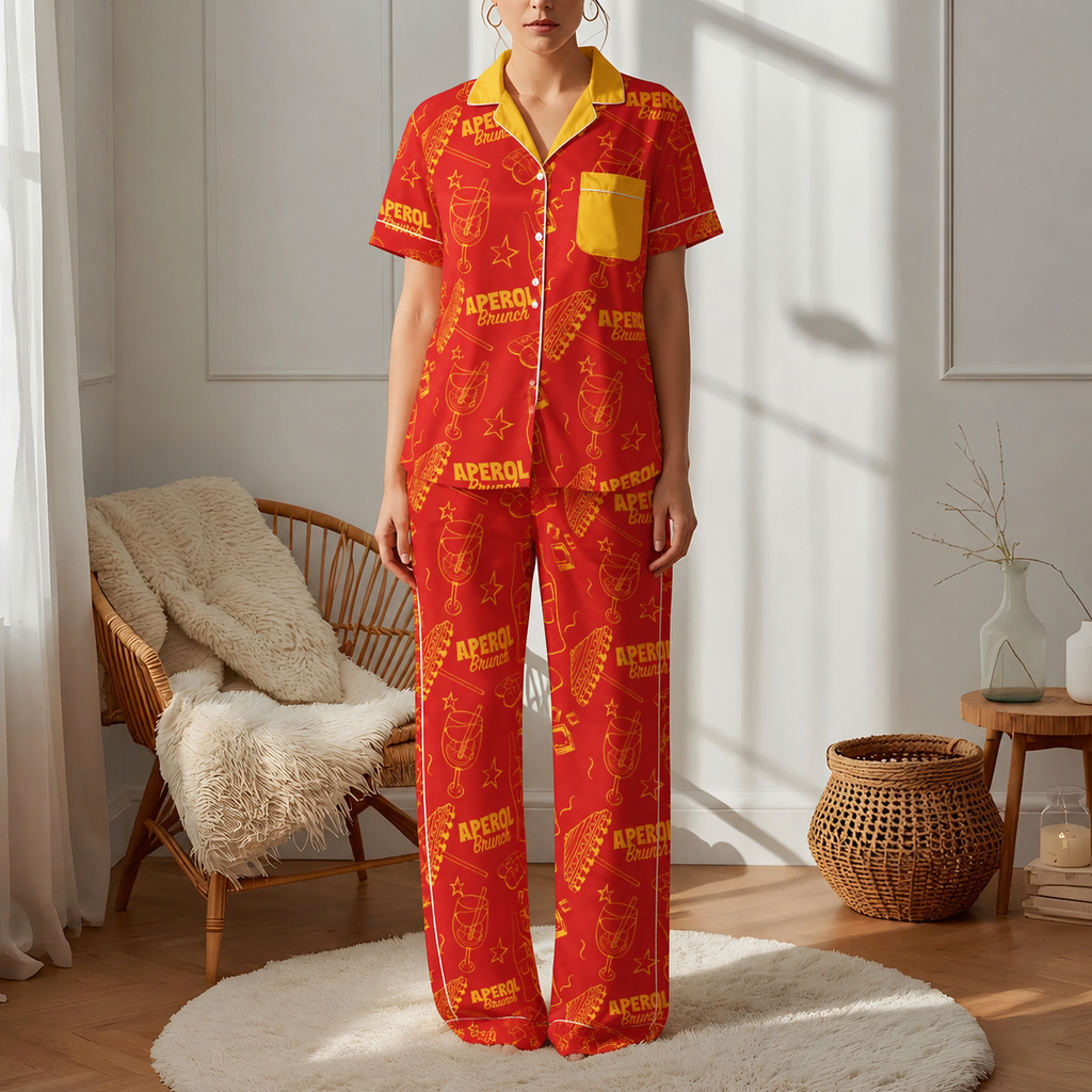 Brunch Spritz Red Women's Satin Pajama Set | Button-Up Shirt & Pants | Citrus Cocktail Print Loungewear | Brunch Lover Gift