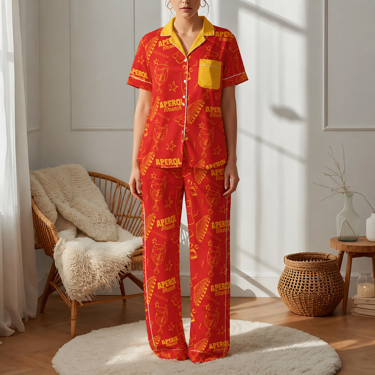 Brunch Spritz Red Women's Satin Pajama Set | Button-Up Shirt & Pants | Citrus Cocktail Print Loungewear | Brunch Lover Gift