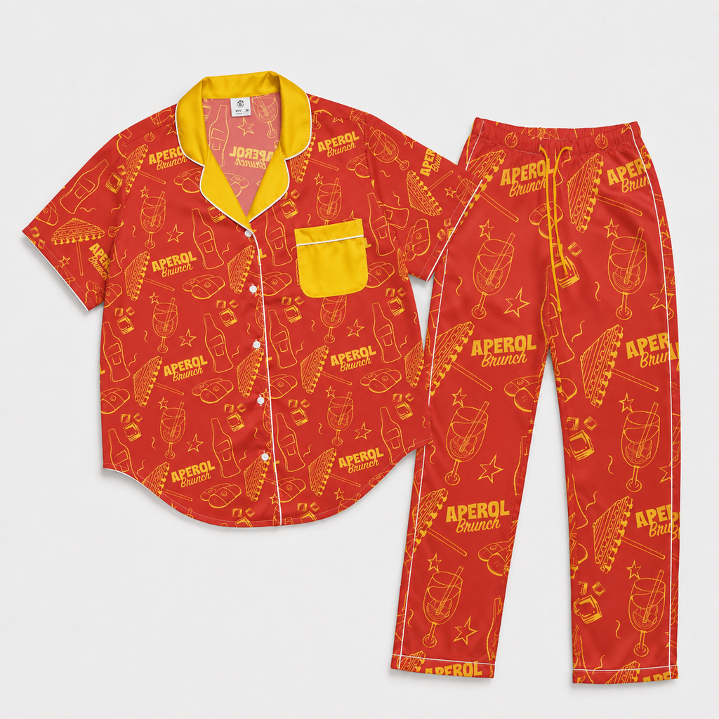 Brunch Spritz Red Women's Satin Pajama Set | Button-Up Shirt & Pants | Citrus Cocktail Print Loungewear | Brunch Lover Gift