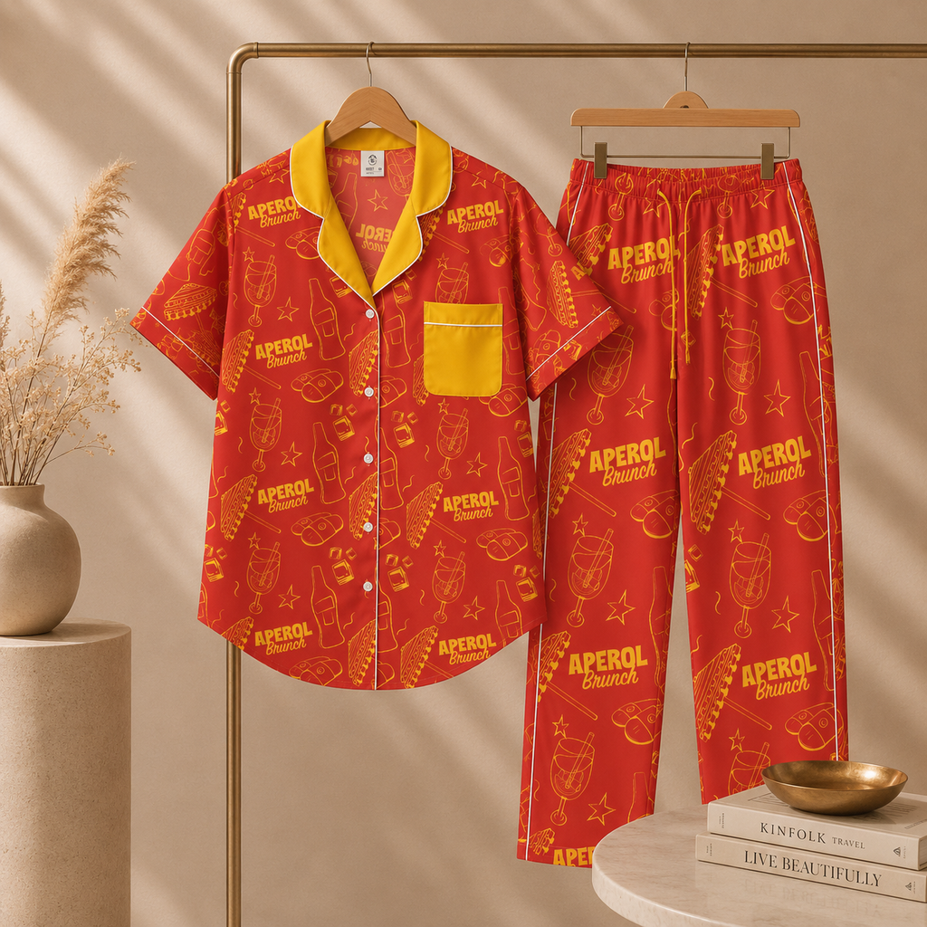 Brunch Spritz Red Women's Satin Pajama Set | Button-Up Shirt & Pants | Citrus Cocktail Print Loungewear | Brunch Lover Gift