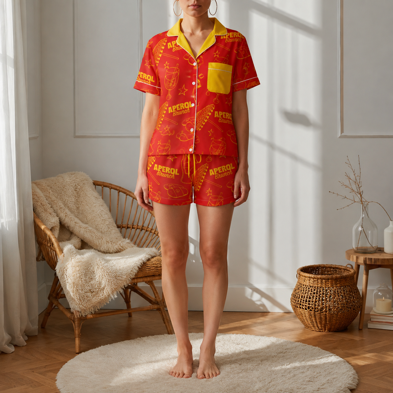 Brunch Spritz Red Women's Satin Pajama Set | Button-Up Shirt & Shorts | Citrus Cocktail Print Loungewear | Brunch Lover Gift