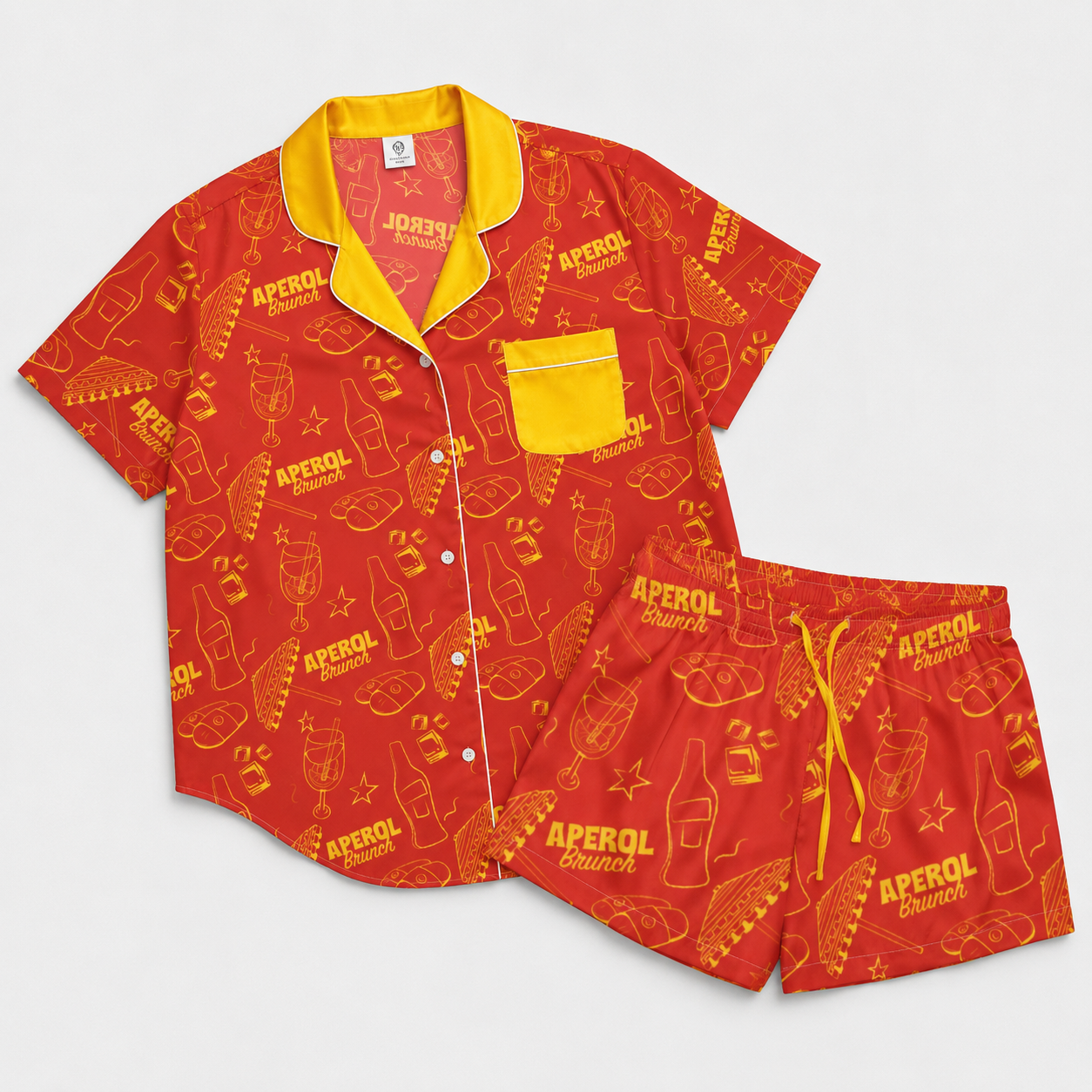 Brunch Spritz Red Women's Satin Pajama Set | Button-Up Shirt & Shorts | Citrus Cocktail Print Loungewear | Brunch Lover Gift