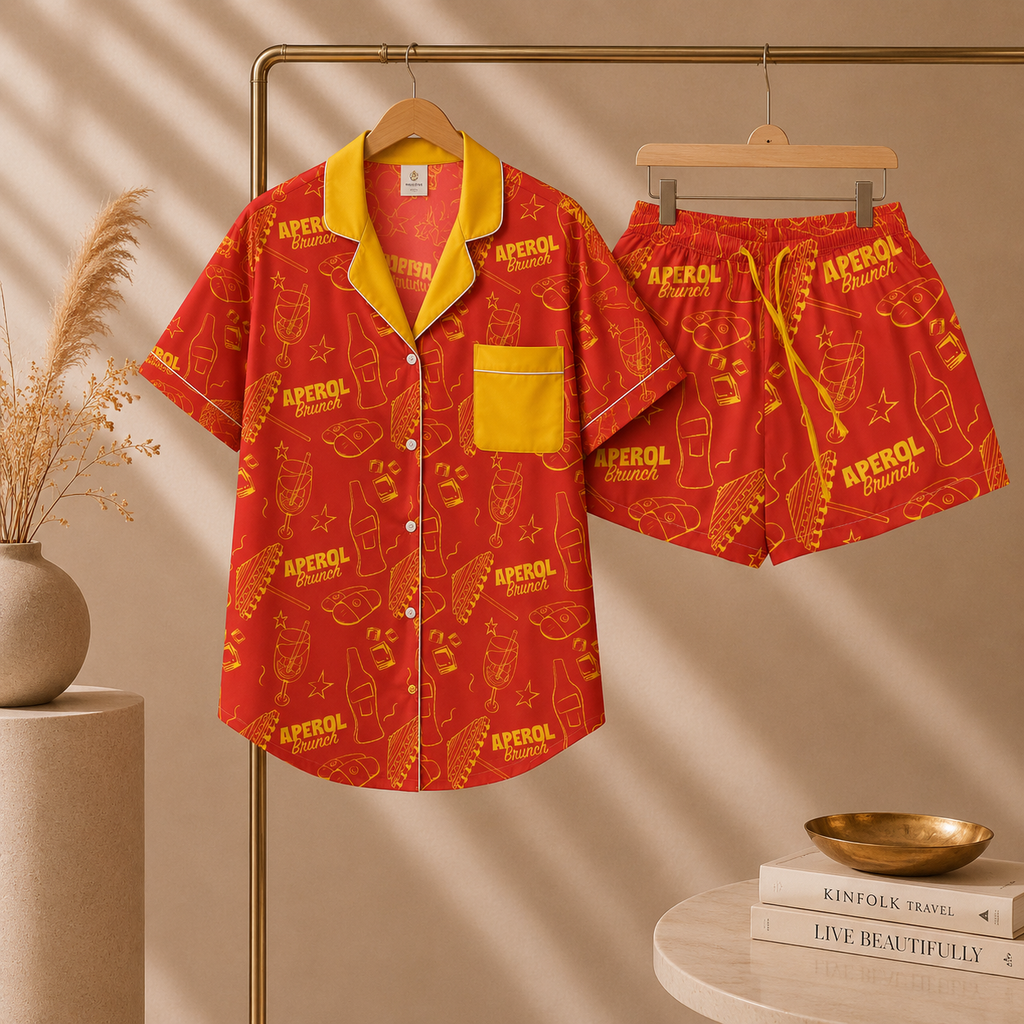 Brunch Spritz Red Women's Satin Pajama Set | Button-Up Shirt & Shorts | Citrus Cocktail Print Loungewear | Brunch Lover Gift