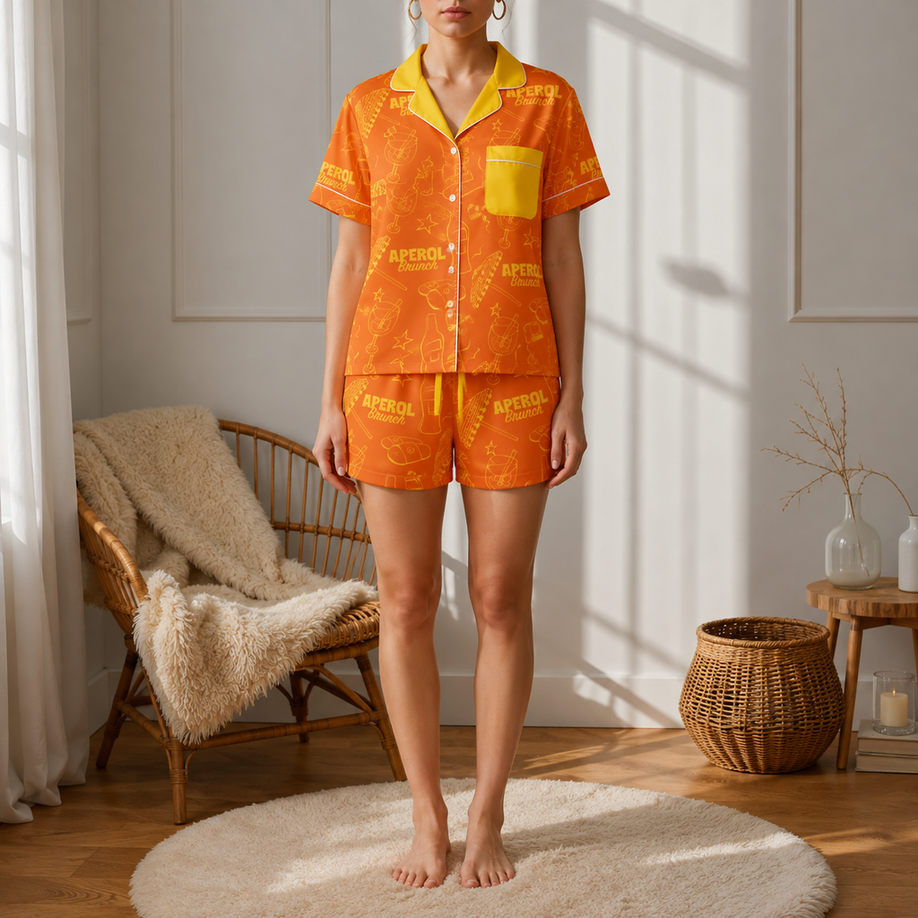 Brunch Spritz Orange Women's Satin Pajama Set | Button-Up Shirt & Shorts | Citrus Cocktail Print Loungewear | Brunch Lover Gift