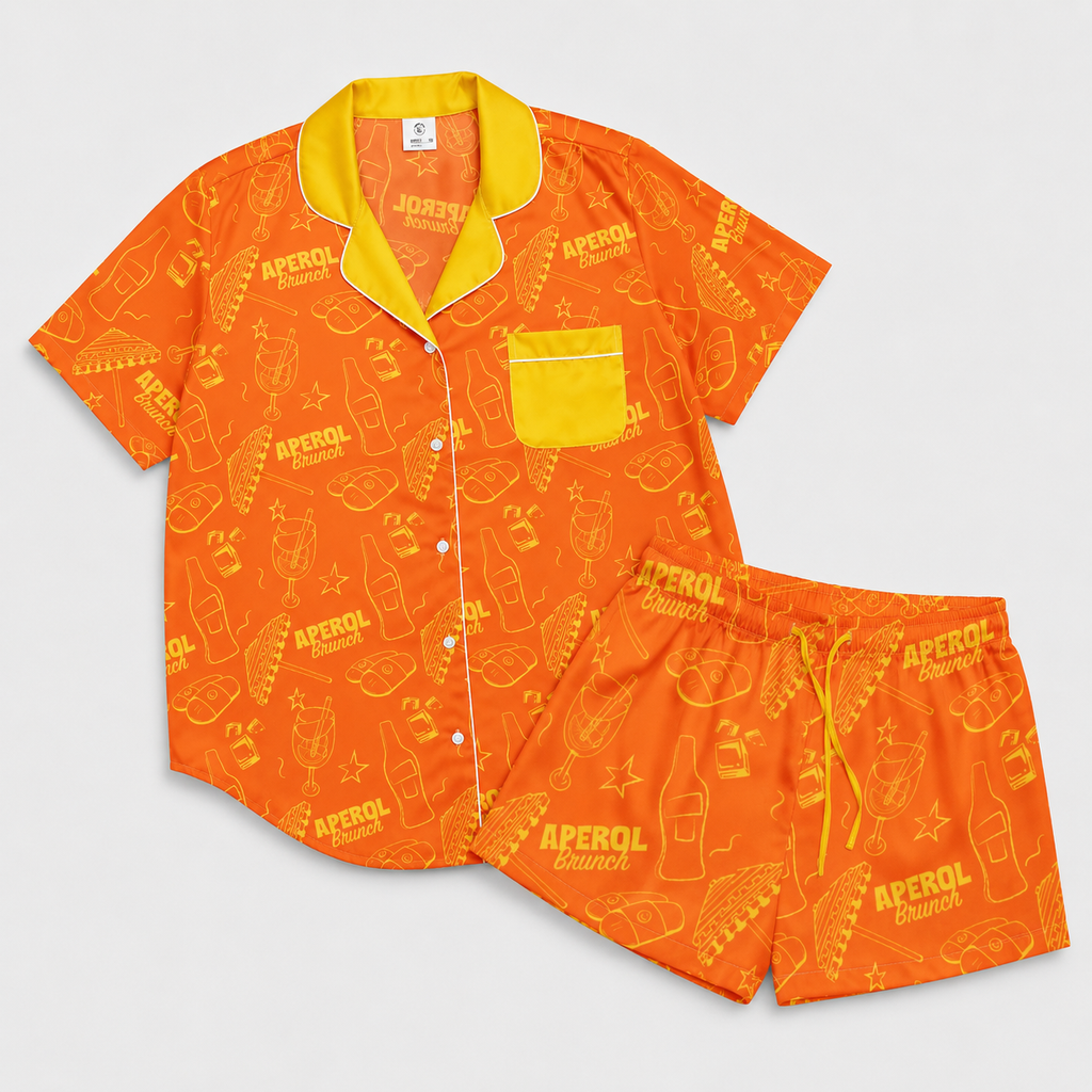 Brunch Spritz Orange Women's Satin Pajama Set | Button-Up Shirt & Shorts | Citrus Cocktail Print Loungewear | Brunch Lover Gift