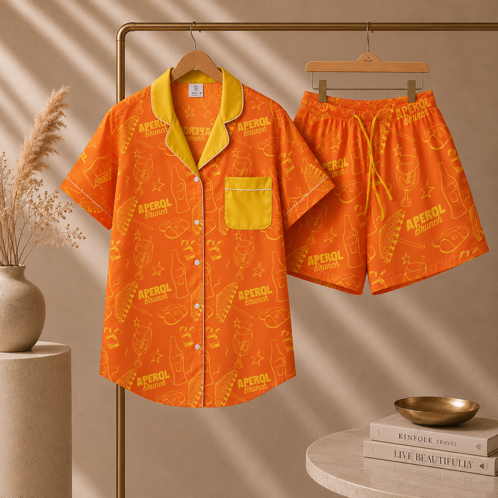 Brunch Spritz Orange Women's Satin Pajama Set | Button-Up Shirt & Shorts | Citrus Cocktail Print Loungewear | Brunch Lover Gift