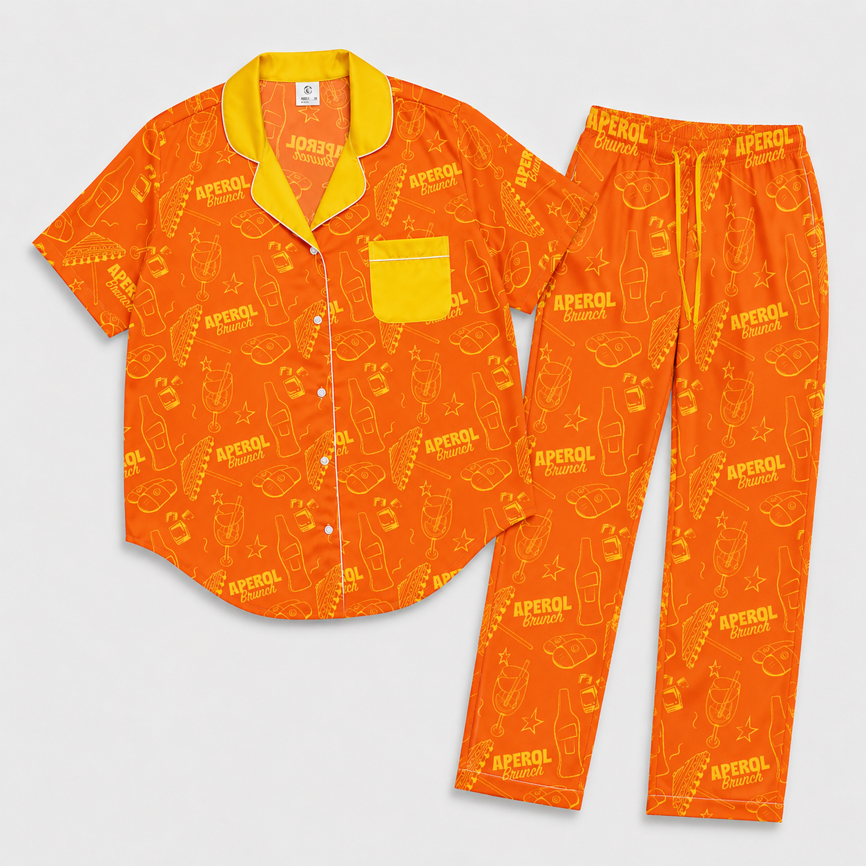 Brunch Spritz Orange Women's Satin Pajama Set | Button-Up Shirt & Pants | Citrus Cocktail Print Loungewear | Brunch Lover Gift