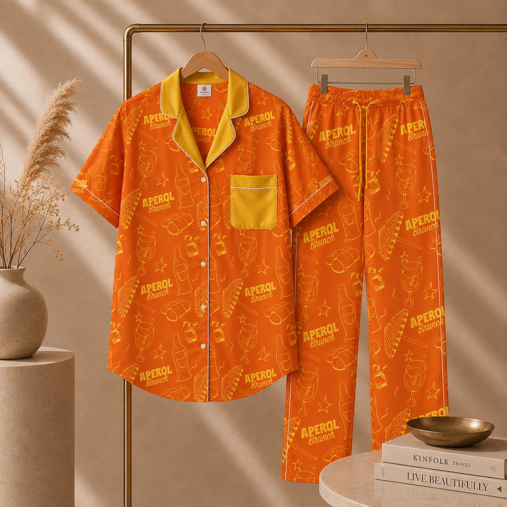 Brunch Spritz Orange Women's Satin Pajama Set | Button-Up Shirt & Pants | Citrus Cocktail Print Loungewear | Brunch Lover Gift