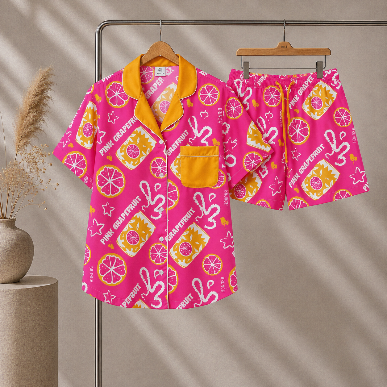 Pink Grapefruit Brunch Women's Pajama Set | Button-Up Shirt & Shorts | Citrus Fruit Print Loungewear | Girls Trip & Brunch Gift