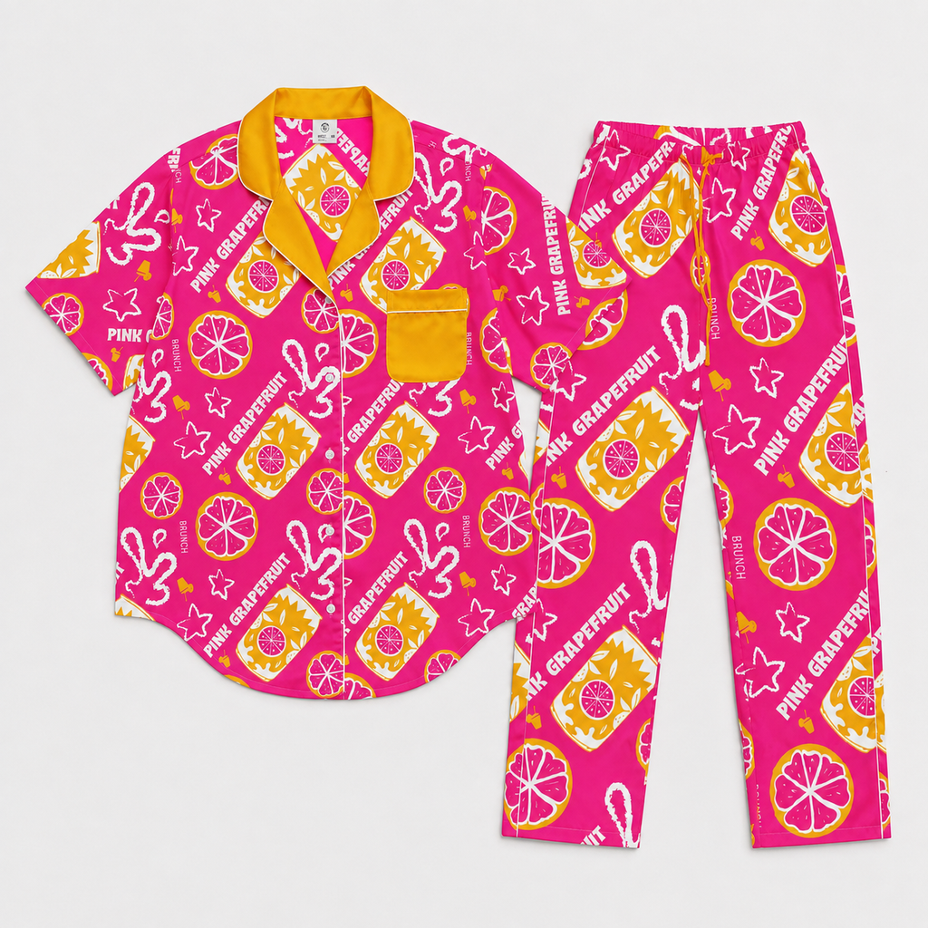 Pink Grapefruit Brunch Women's Pajama Set | Button-Up Shirt & Pants | Citrus Fruit Print Loungewear | Girls Trip & Brunch Gift