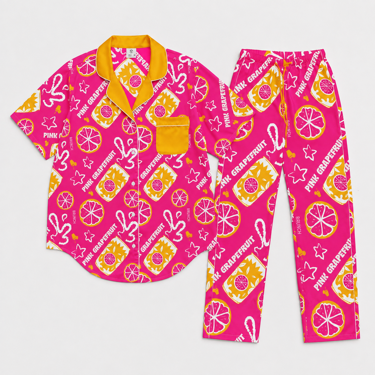 Pink Grapefruit Brunch Women's Pajama Set | Button-Up Shirt & Pants | Citrus Fruit Print Loungewear | Girls Trip & Brunch Gift