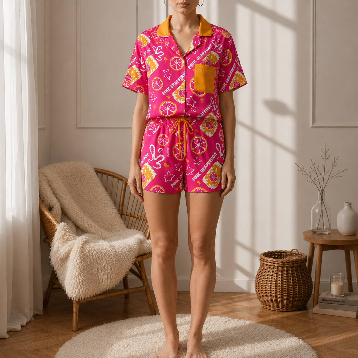 Pink Grapefruit Brunch Women's Pajama Set | Button-Up Shirt & Shorts | Citrus Fruit Print Loungewear | Girls Trip & Brunch Gift