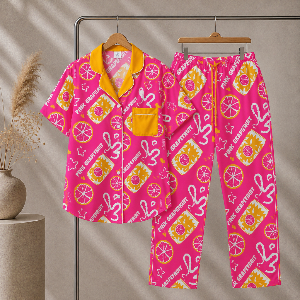 Pink Grapefruit Brunch Women's Pajama Set | Button-Up Shirt & Pants | Citrus Fruit Print Loungewear | Girls Trip & Brunch Gift