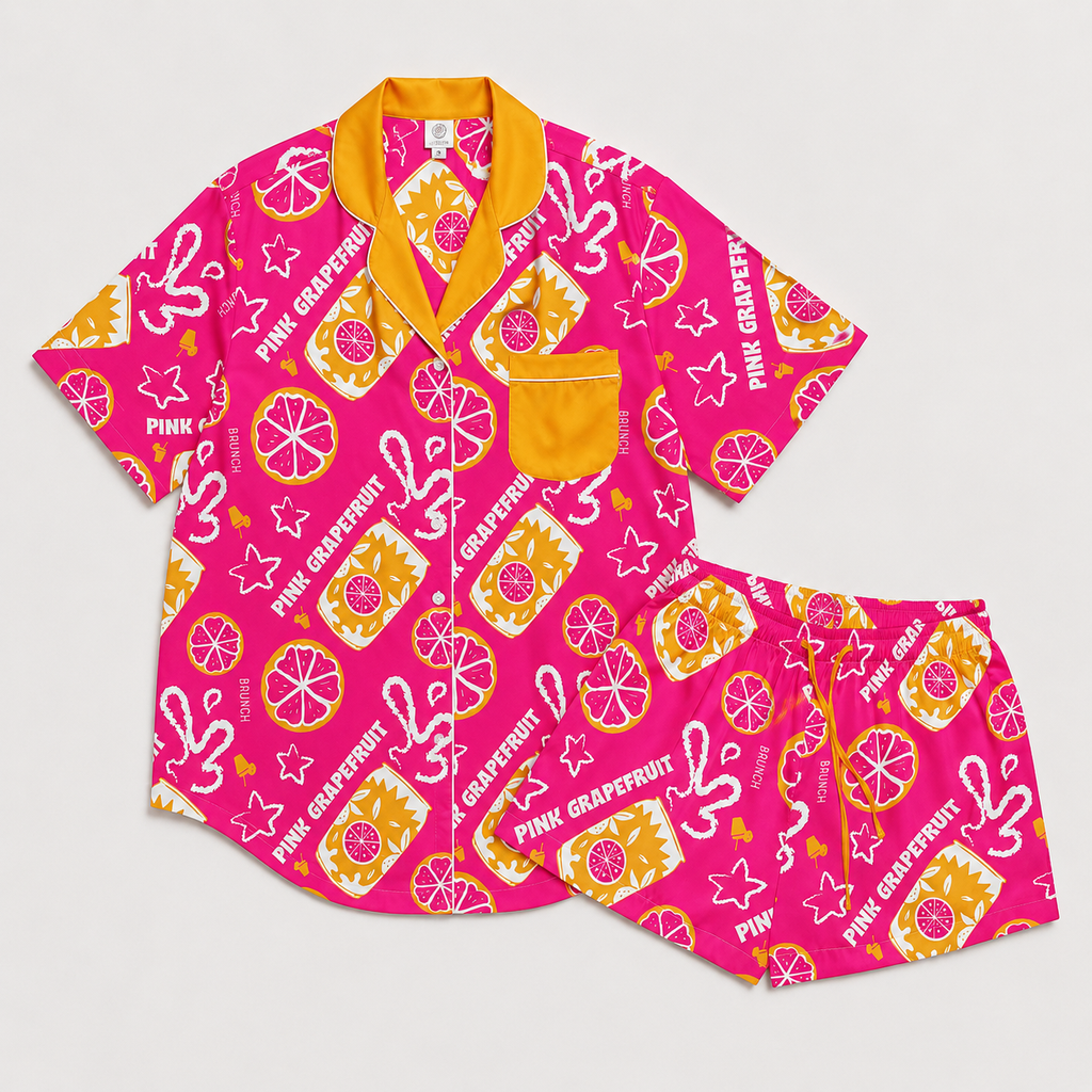 Pink Grapefruit Brunch Women's Pajama Set | Button-Up Shirt & Shorts | Citrus Fruit Print Loungewear | Girls Trip & Brunch Gift