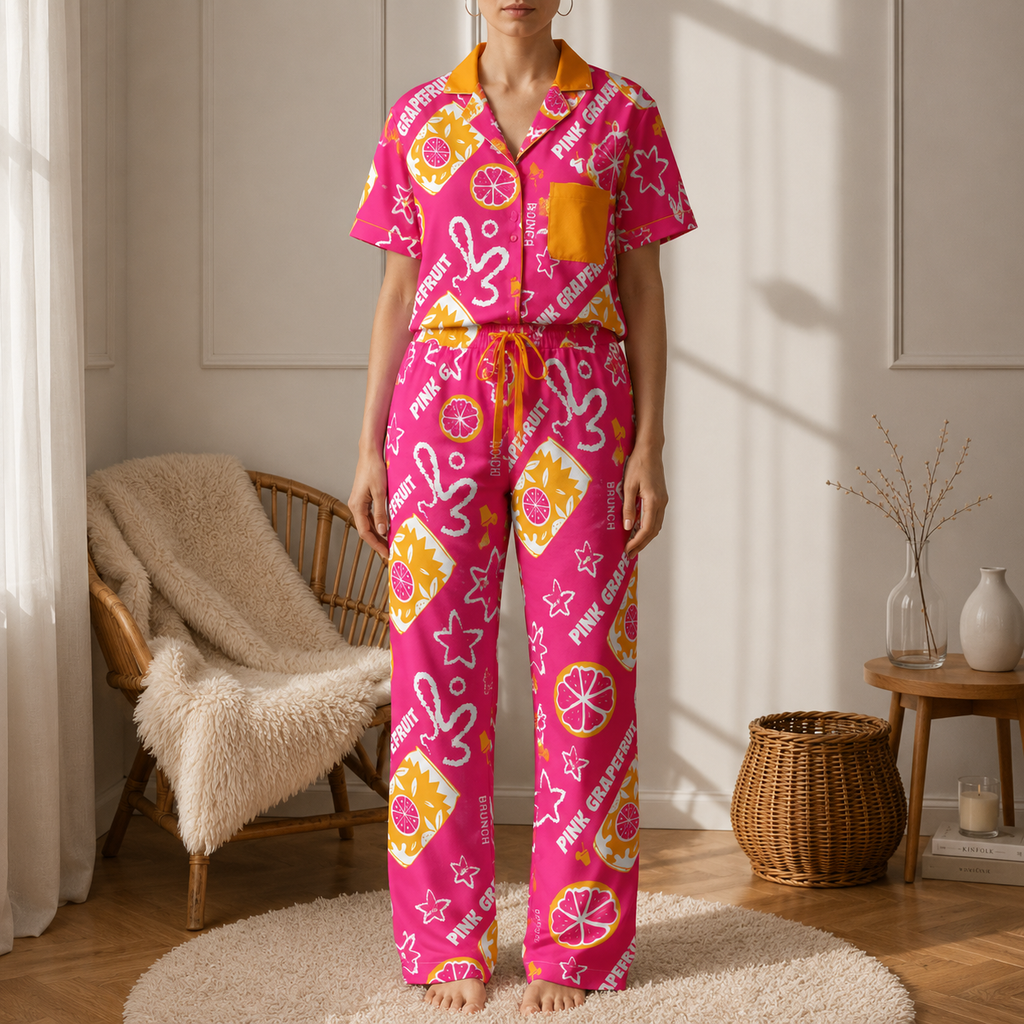 Pink Grapefruit Brunch Women's Pajama Set | Button-Up Shirt & Pants | Citrus Fruit Print Loungewear | Girls Trip & Brunch Gift