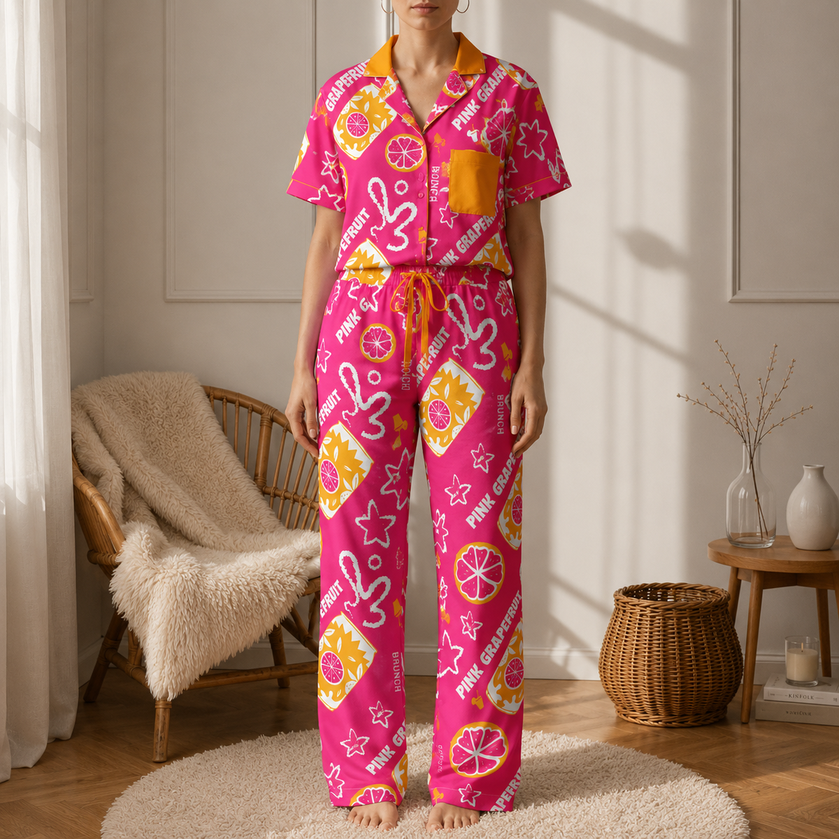 Pink Grapefruit Brunch Women's Pajama Set | Button-Up Shirt & Pants | Citrus Fruit Print Loungewear | Girls Trip & Brunch Gift