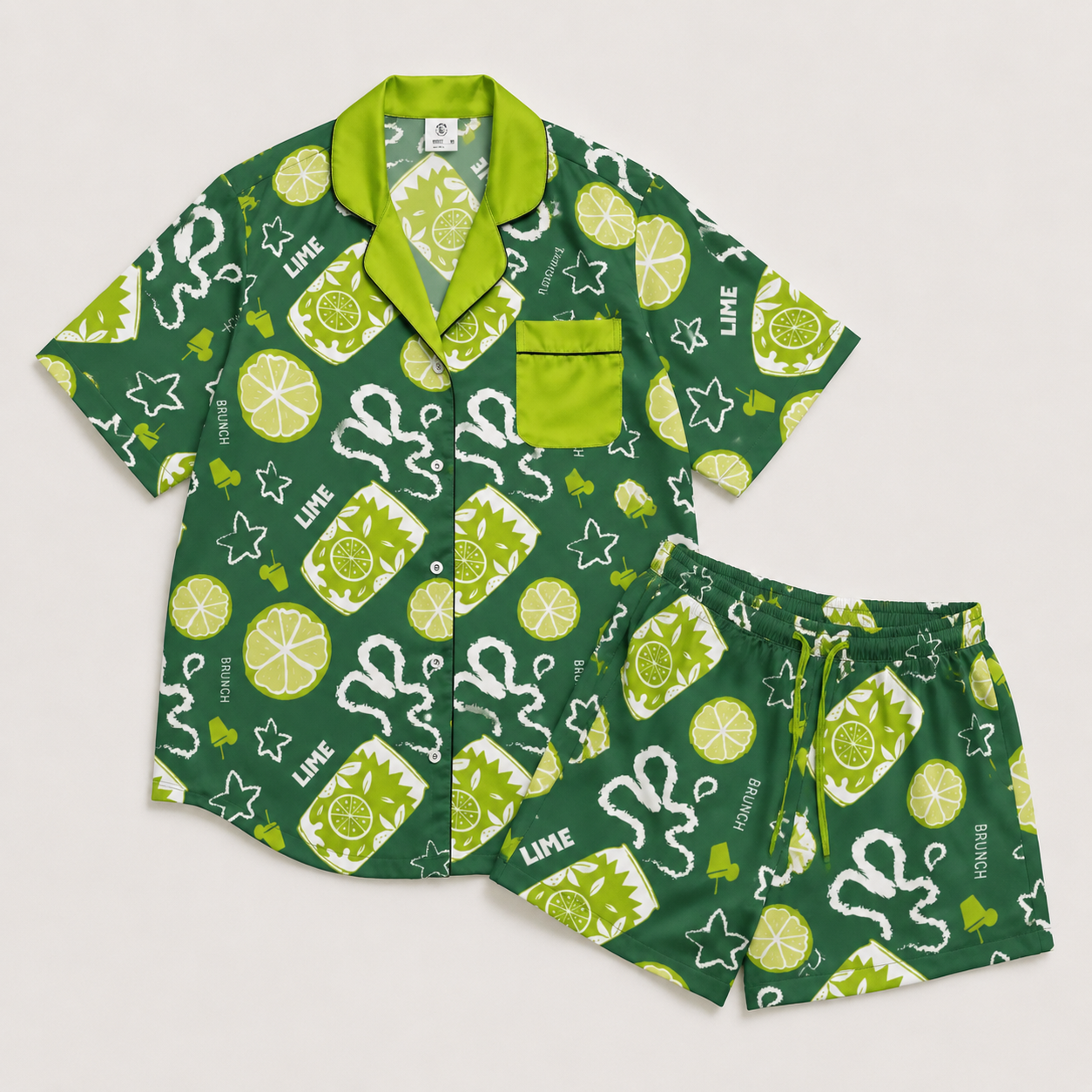 Lime Green Brunch Women's Pajama Set | Button-Up Shirt & Shorts | Citrus Fruit Print Loungewear | Girls Trip & Brunch Gift