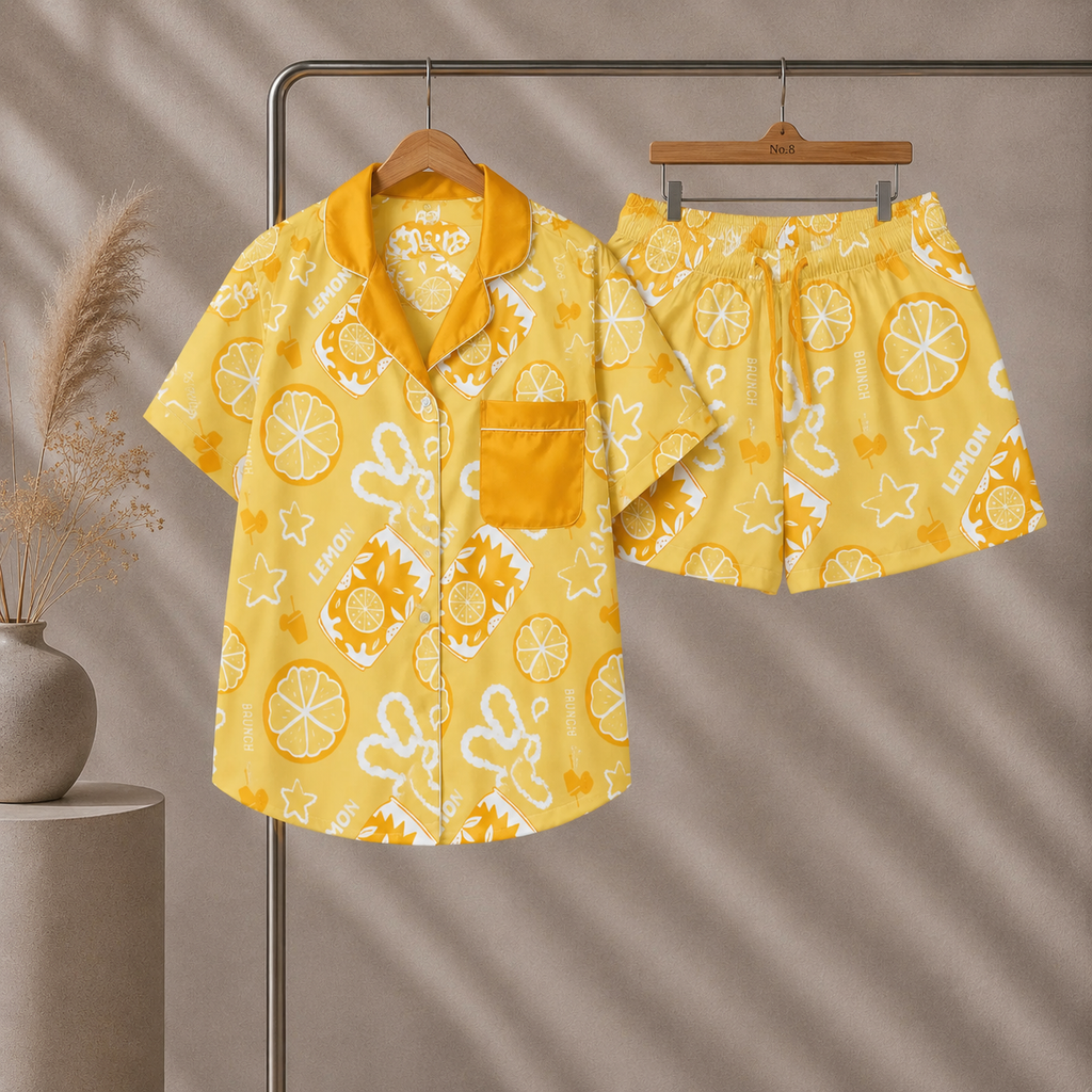 Yellow Lemon Brunch Women's Pajama Set | Button-Up Shirt & Shorts | Citrus Fruit Print Loungewear | Girls Trip & Brunch Gift