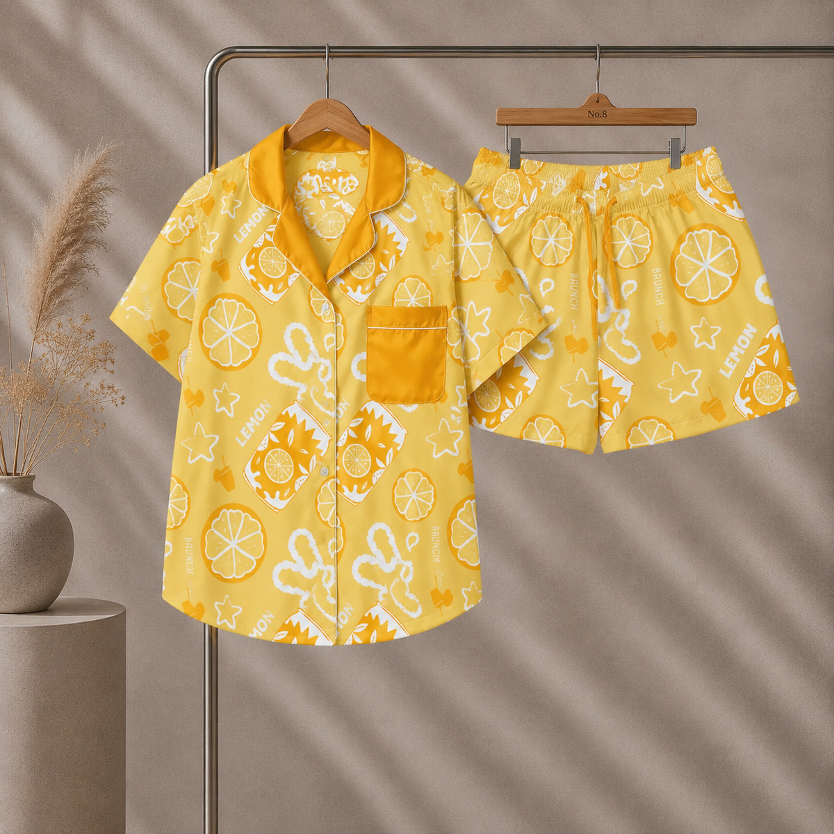 Yellow Lemon Brunch Women's Pajama Set | Button-Up Shirt & Shorts | Citrus Fruit Print Loungewear | Girls Trip & Brunch Gift