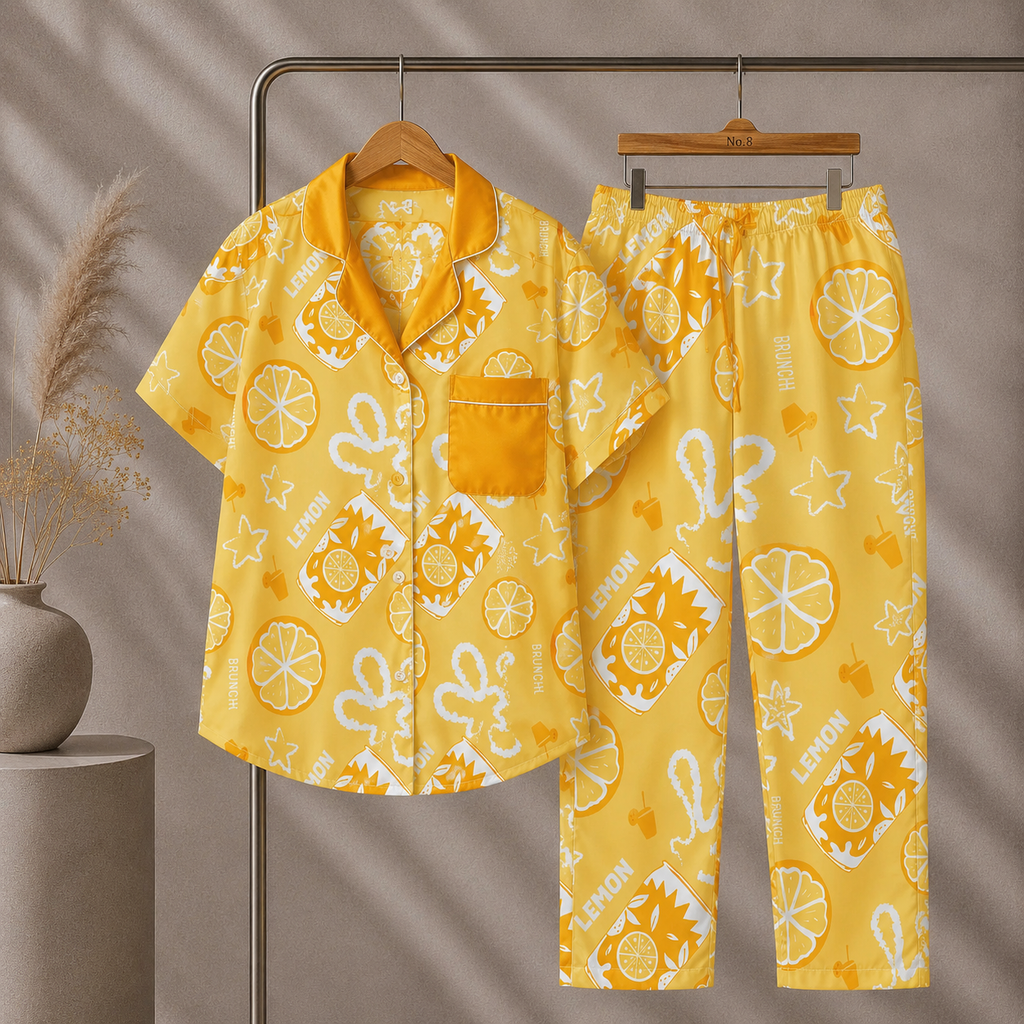 Yellow Lemon Brunch Women's Pajama Set | Button-Up Shirt & Pants | Citrus Fruit Print Loungewear | Girls Trip & Brunch Gift