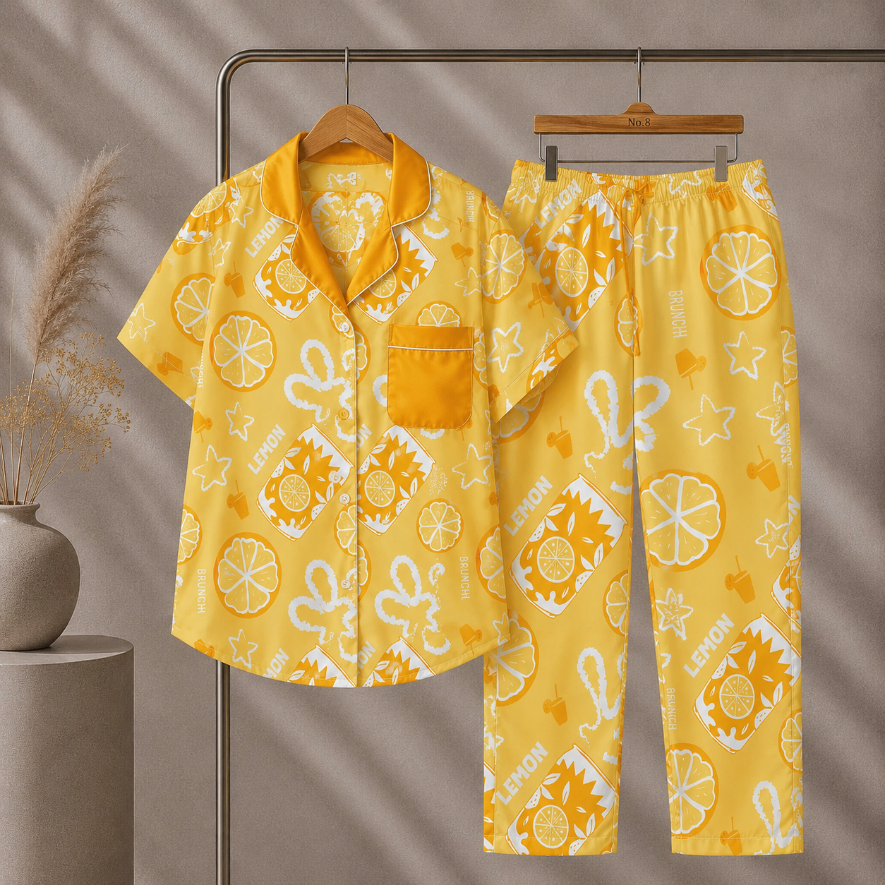 Yellow Lemon Brunch Women's Pajama Set | Button-Up Shirt & Pants | Citrus Fruit Print Loungewear | Girls Trip & Brunch Gift