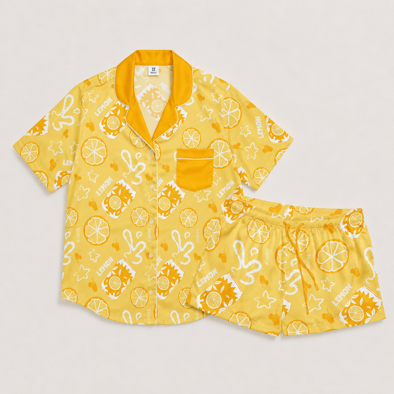 Yellow Lemon Brunch Women's Pajama Set | Button-Up Shirt & Shorts | Citrus Fruit Print Loungewear | Girls Trip & Brunch Gift
