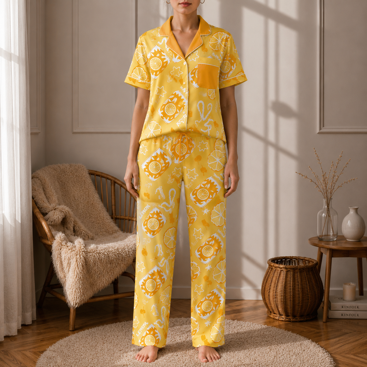 Yellow Lemon Brunch Women's Pajama Set | Button-Up Shirt & Pants | Citrus Fruit Print Loungewear | Girls Trip & Brunch Gift